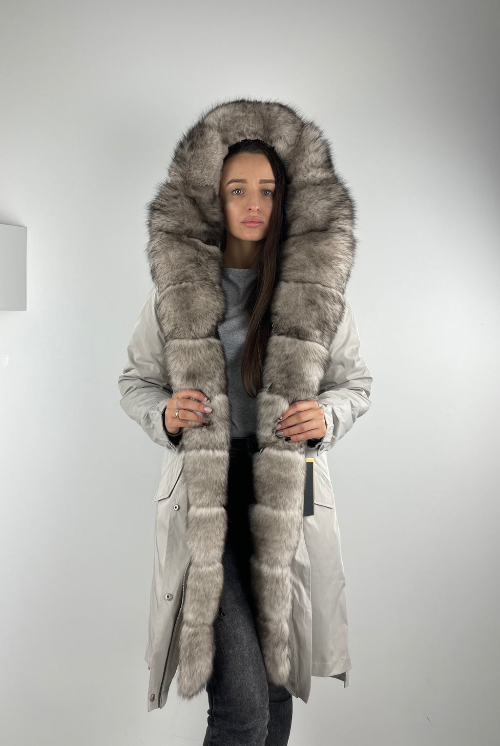 Parka LUX Light Grey (222) with white-black fur (M16) / Rex for women 95 cm
