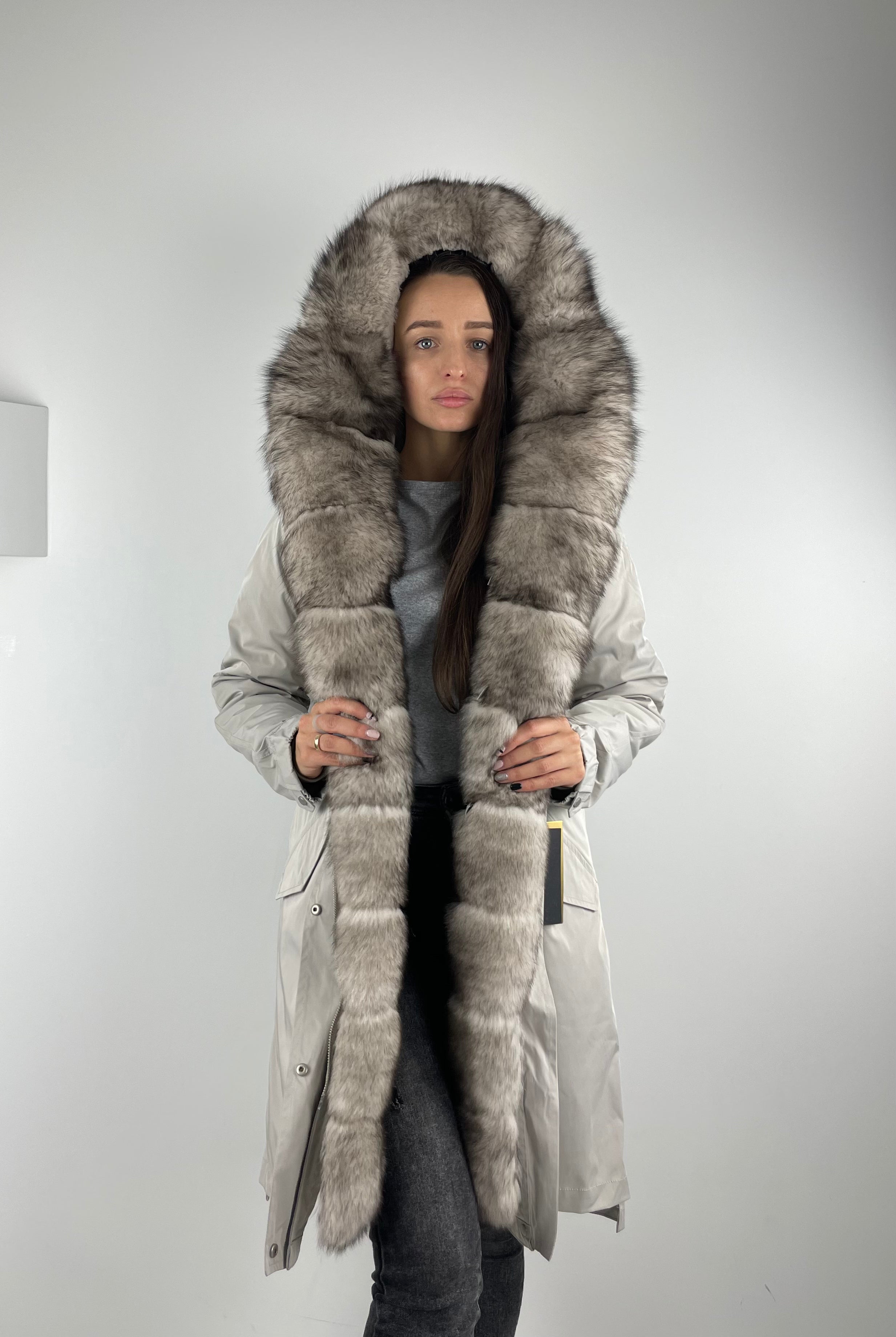 Parka LUX Light Grey (222) with white-black fur (M16) / Rex for women 95 cm