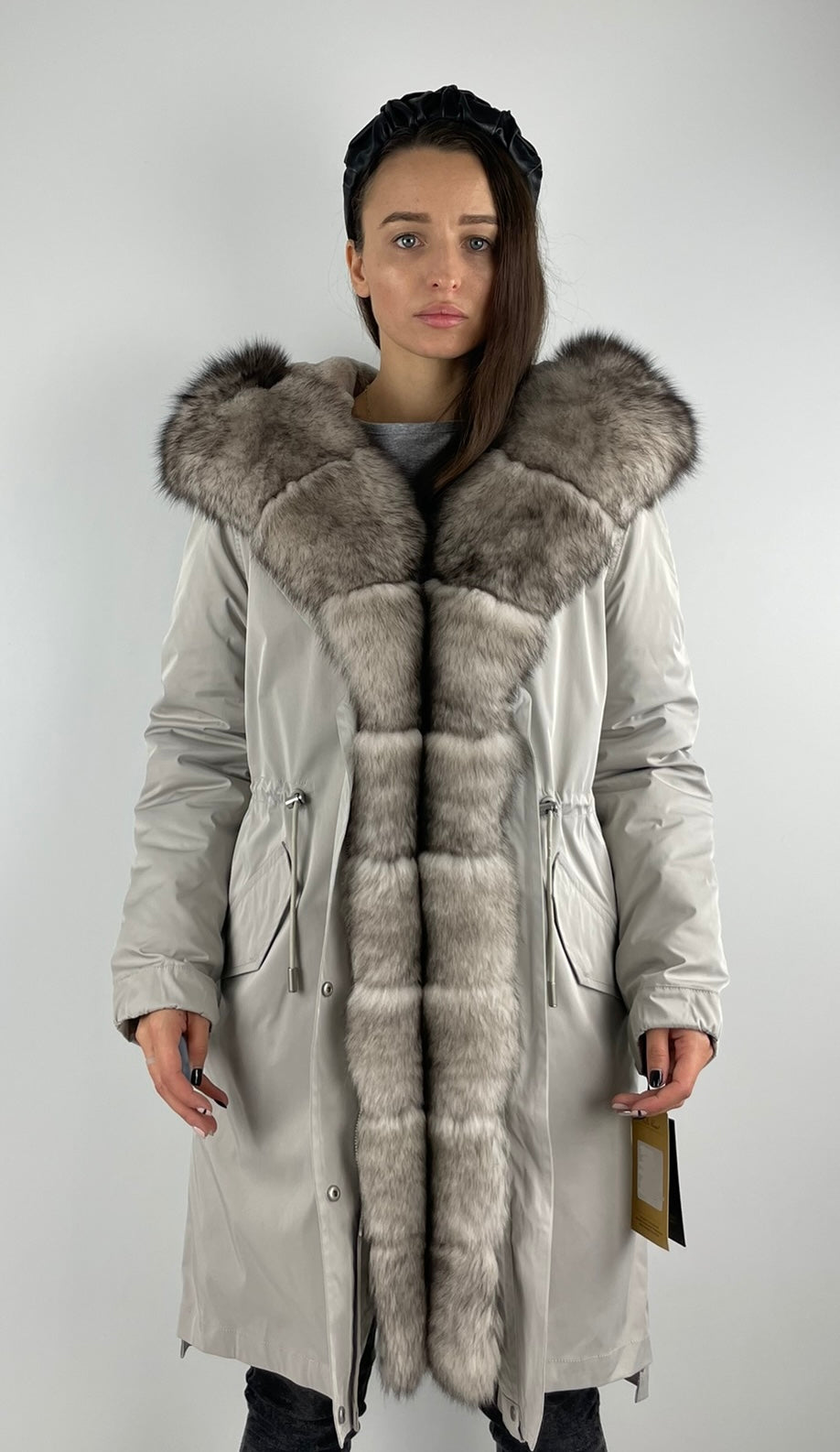 Parka LUX Light Grey (222) with white-black fur (M16) / Rex for women 95 cm