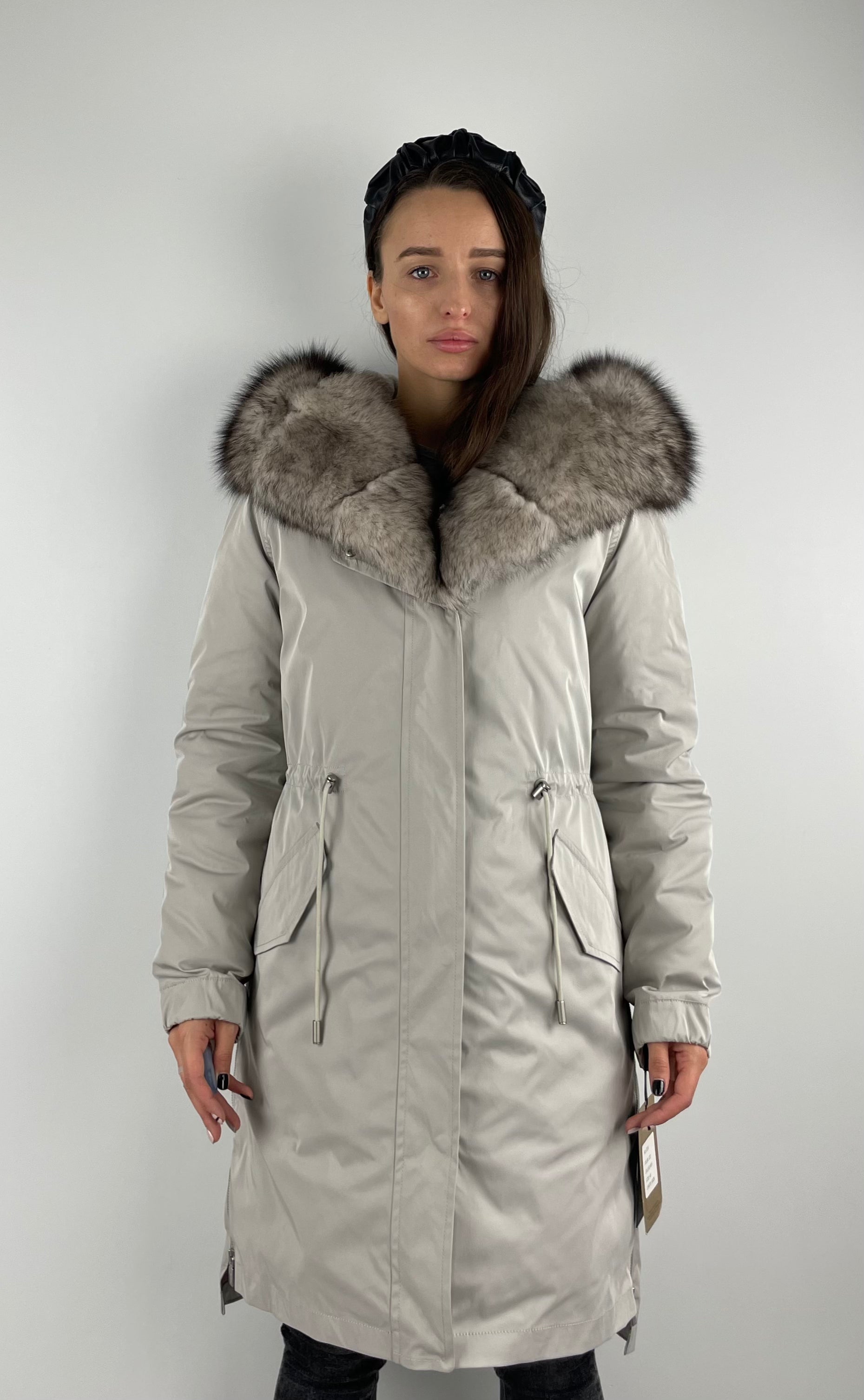 Parka LUX Light Grey (222) with white-black fur (M16) / Rex for women 95 cm