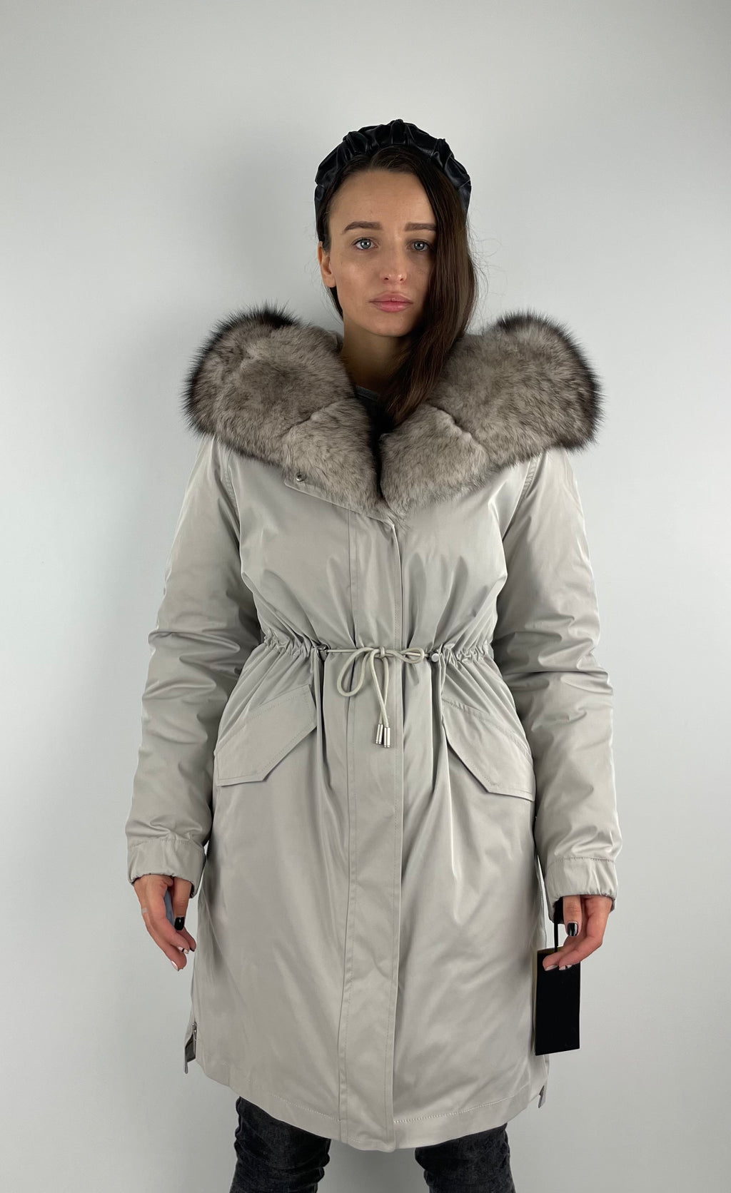Parka LUX Light Grey (222) with white-black fur (M16) / Rex for women 95 cm