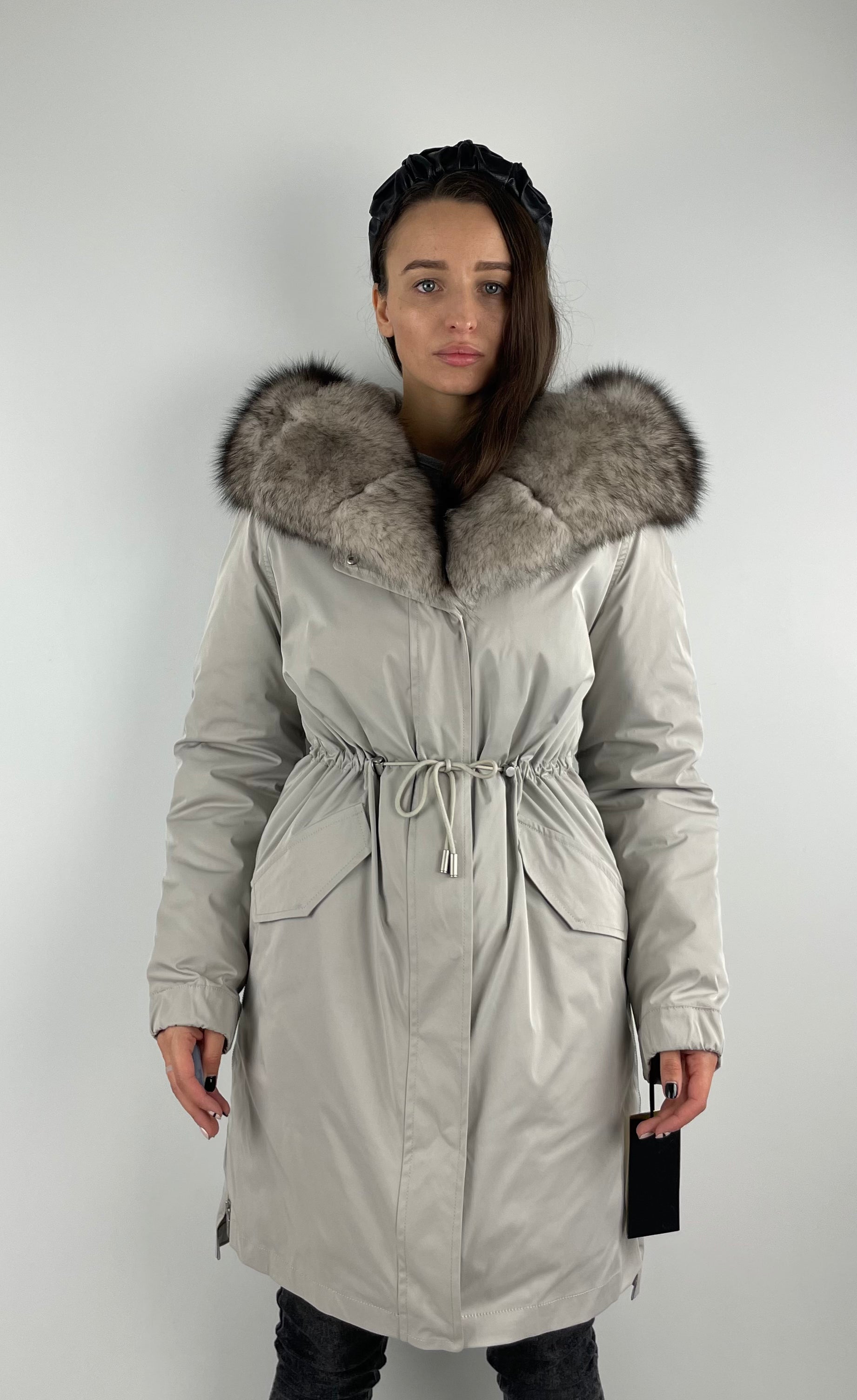 Parka LUX Light Grey (222) with white-black fur (M16) / Rex for women 95 cm