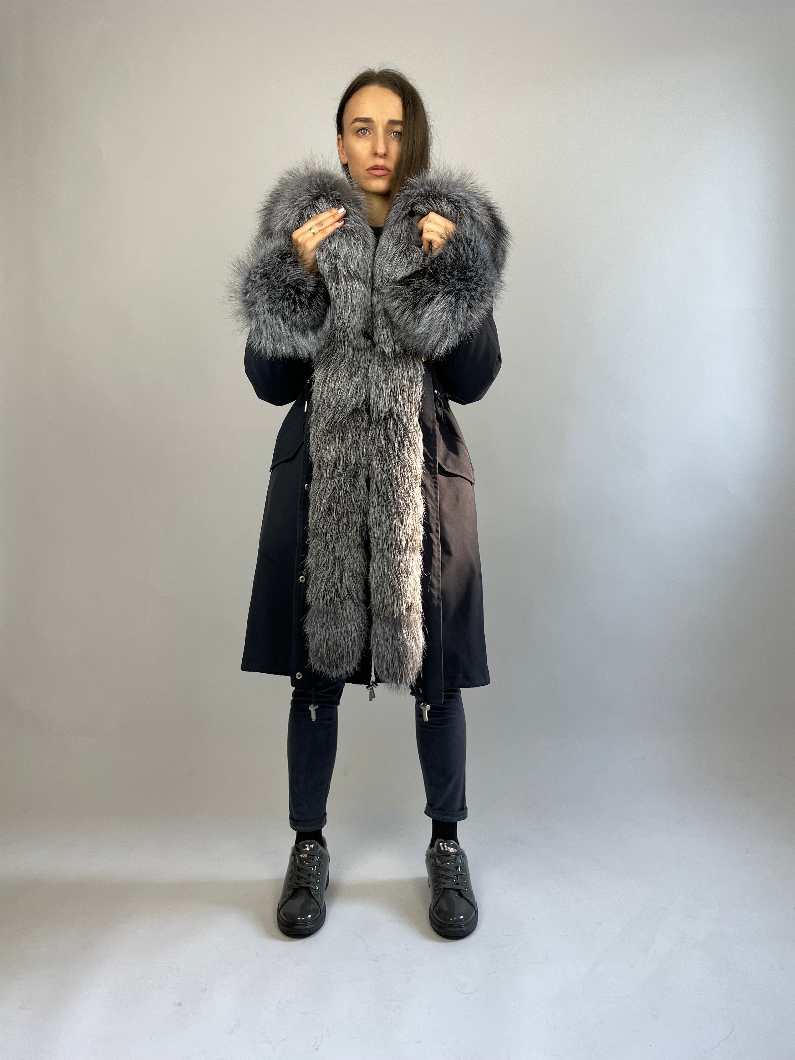 PARKA LUX Dark blue color (123) with Silver fox fur (M11) / Rex for women 103 cm