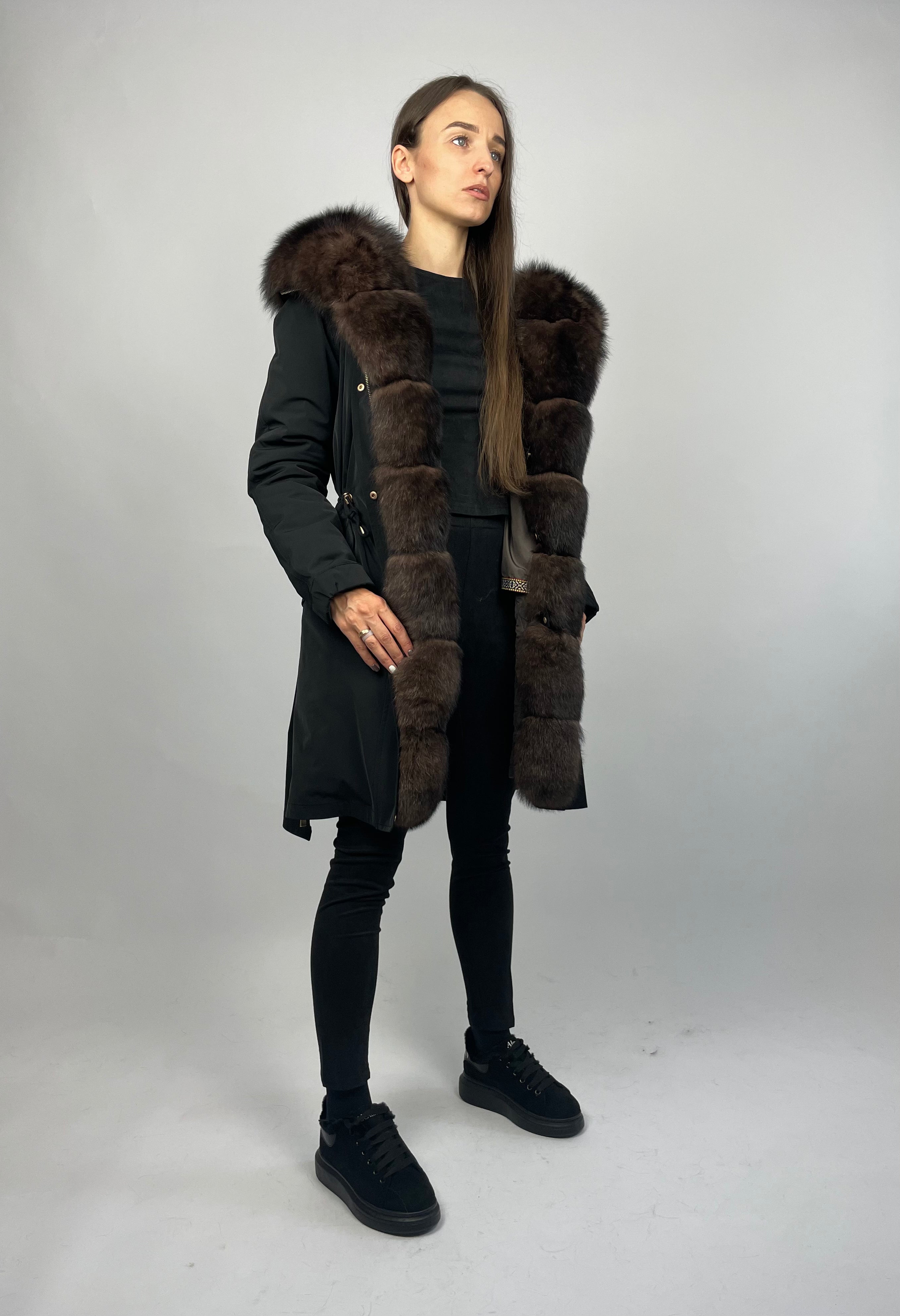 Women's Winter Parka LUX Black with Brown Arctic Fox Fur Trim - 95 cm Short