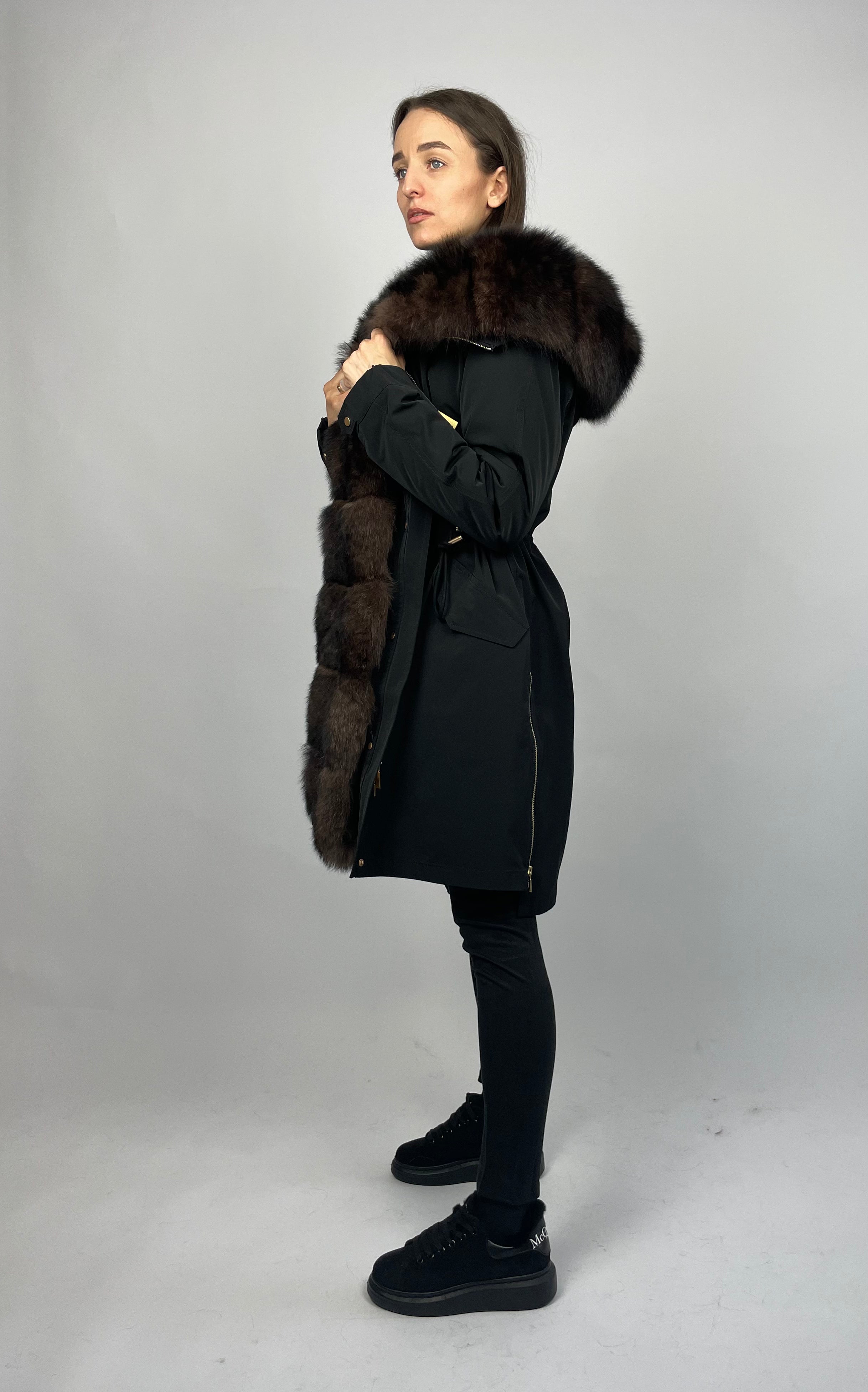 Women's Winter Parka LUX Black with Brown Arctic Fox Fur Trim - 95 cm Short