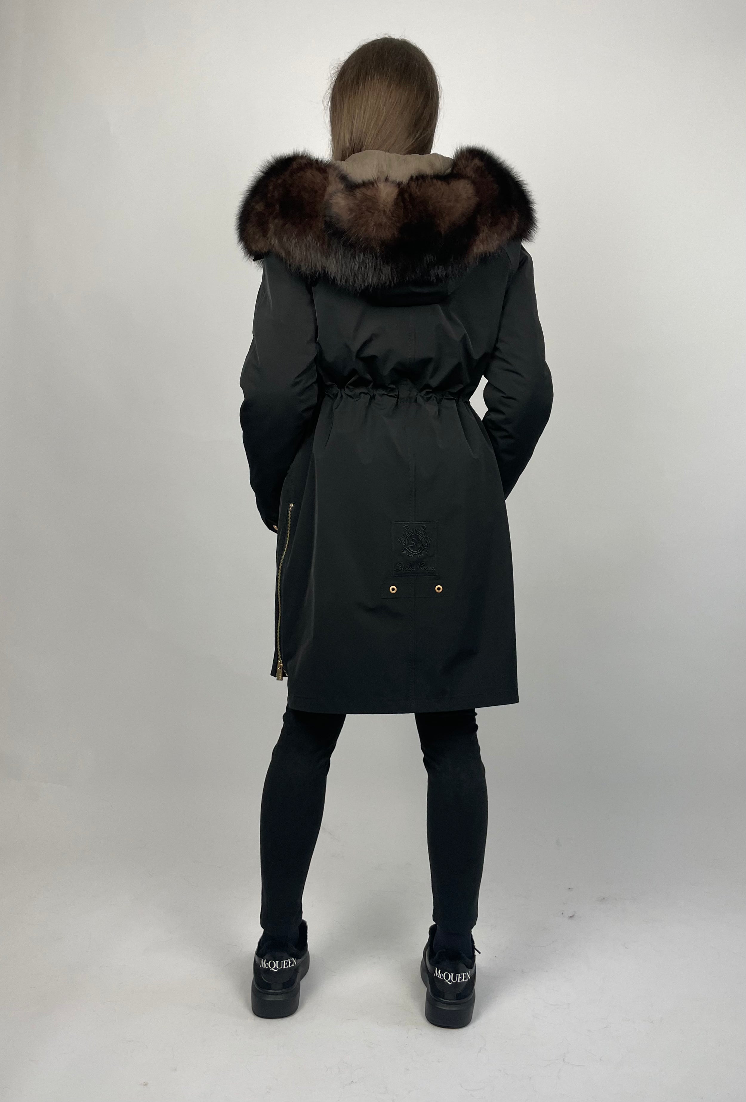 Women's Winter Parka LUX Black with Brown Arctic Fox Fur Trim - 95 cm Short