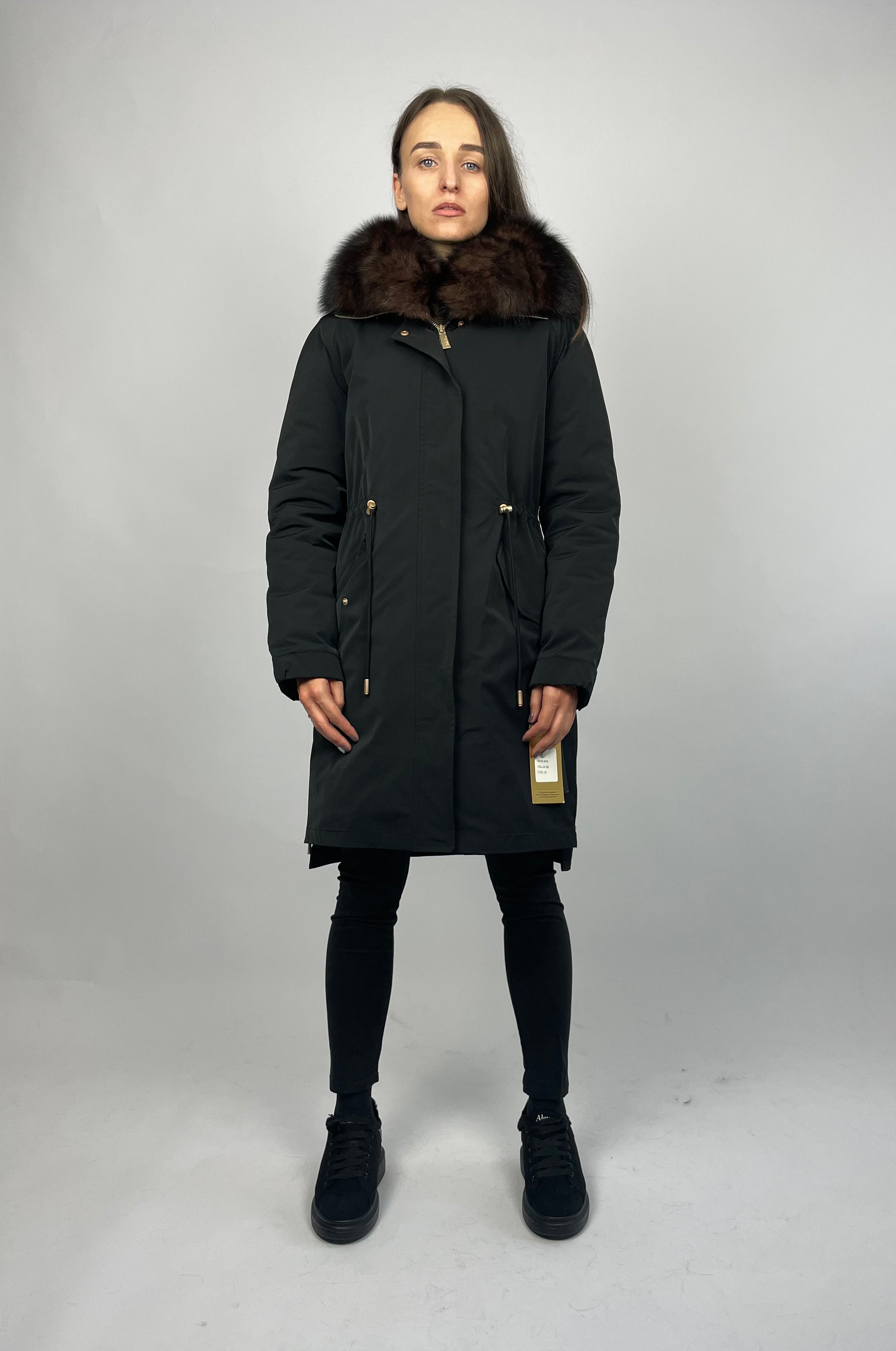 Women's Winter Parka LUX Black with Brown Arctic Fox Fur Trim - 95 cm Short