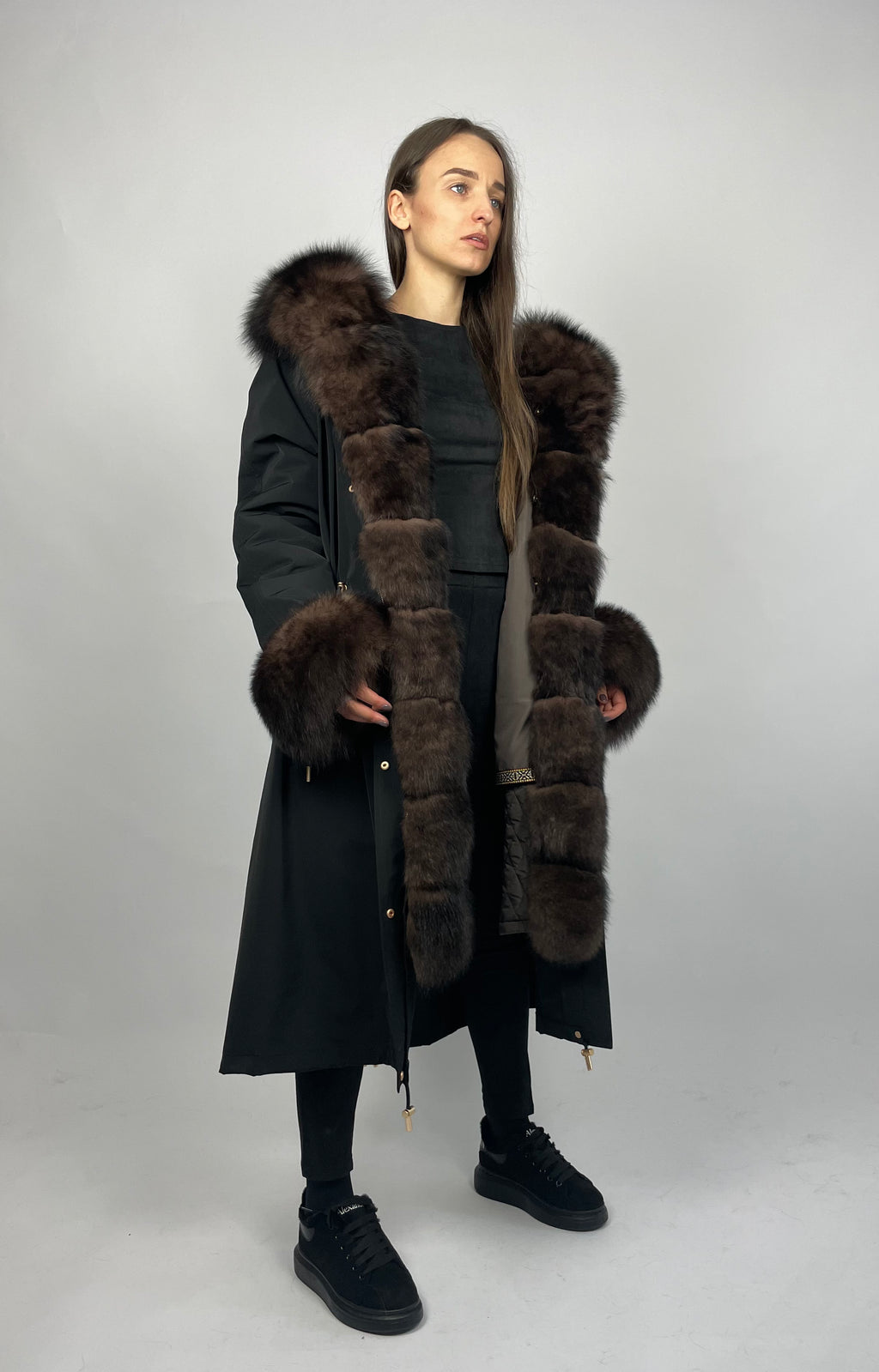 Parka LUX Black (BF99) with Brown fur (M3) / Rex for women 103 cm