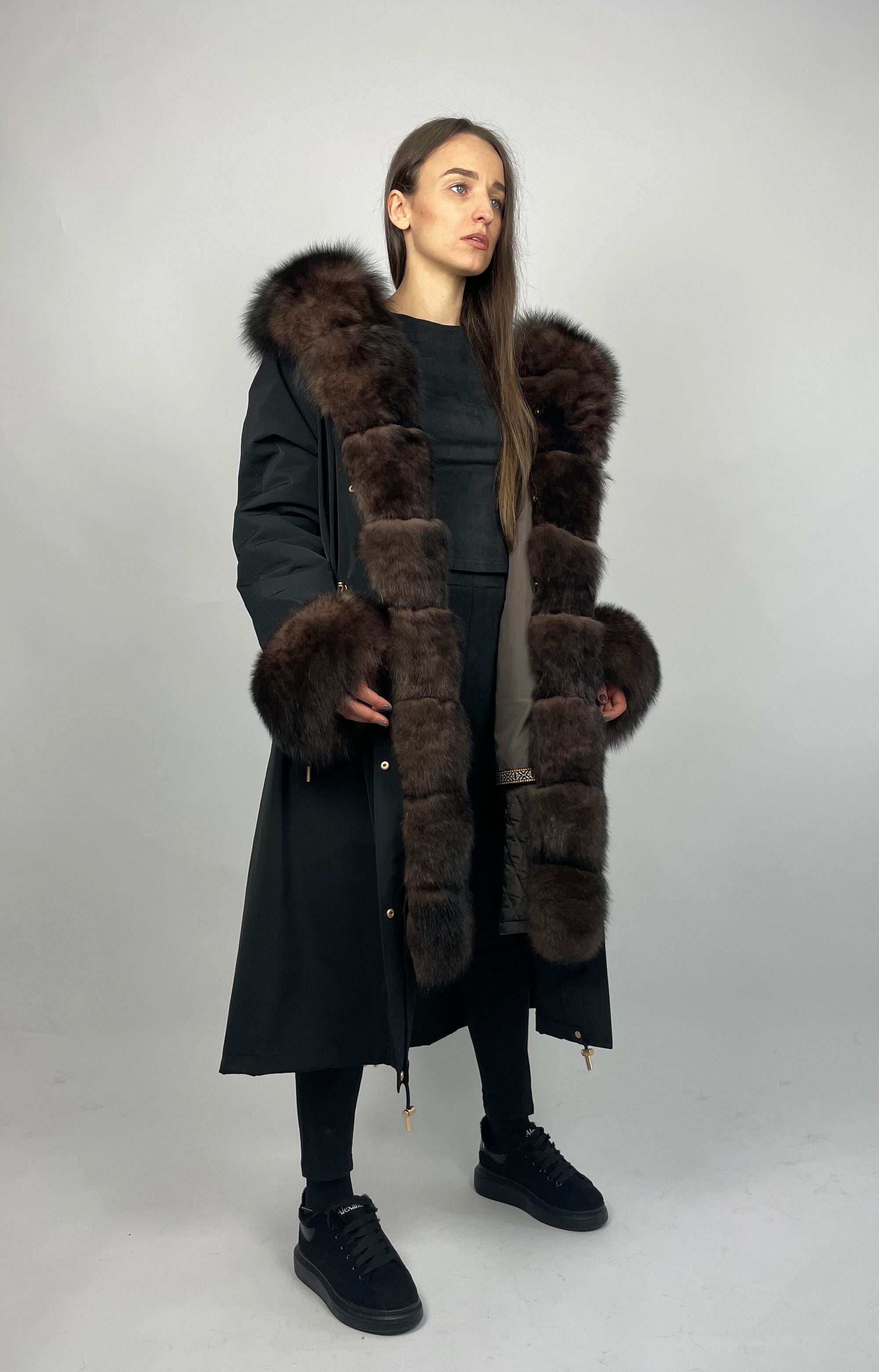 Parka LUX Black (BF99) with Brown fur (M3) / Rex for women 103 cm