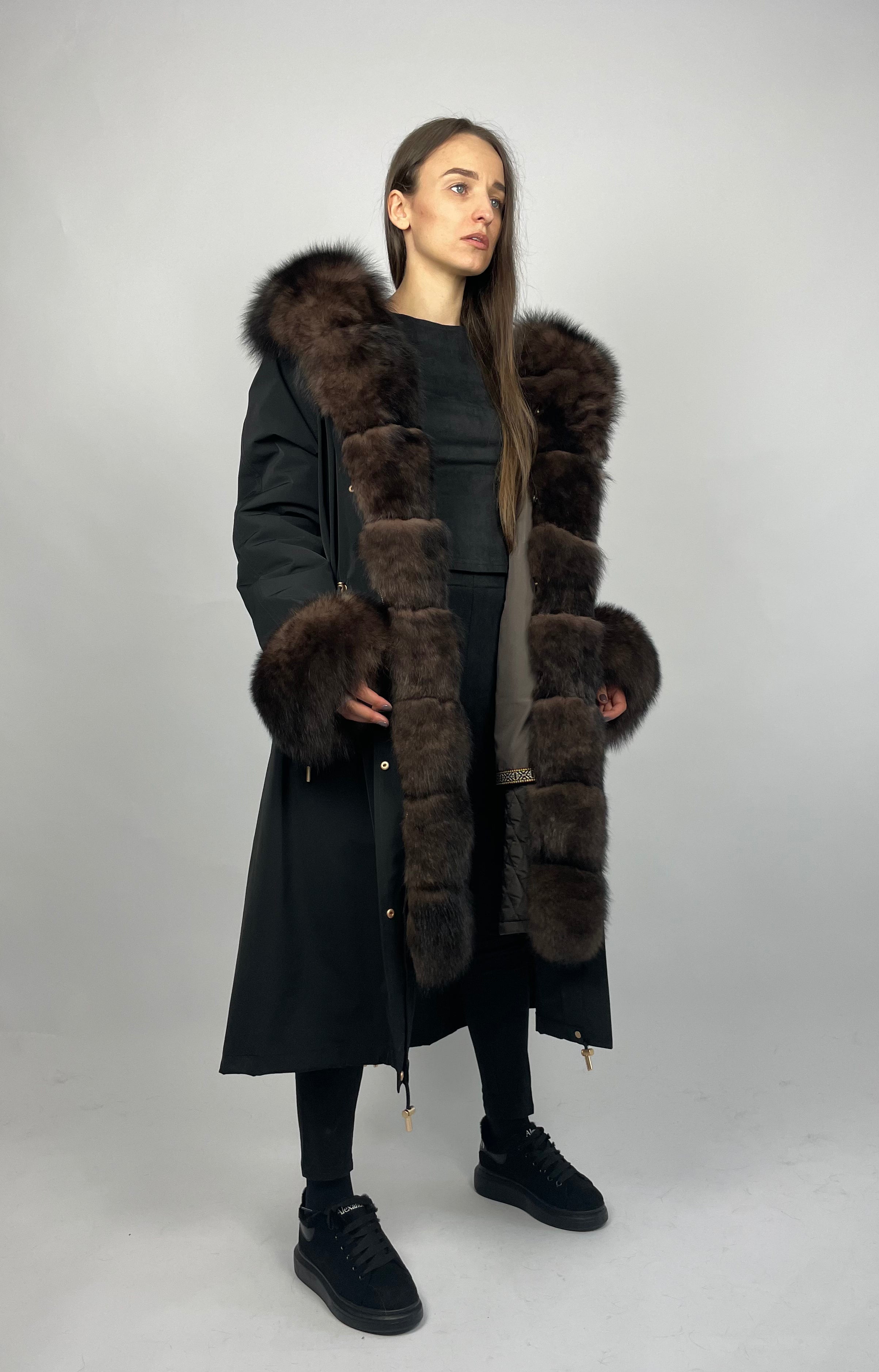 Parka LUX Black (BF99) with Brown fur (M3) / Rex for women 103 cm
