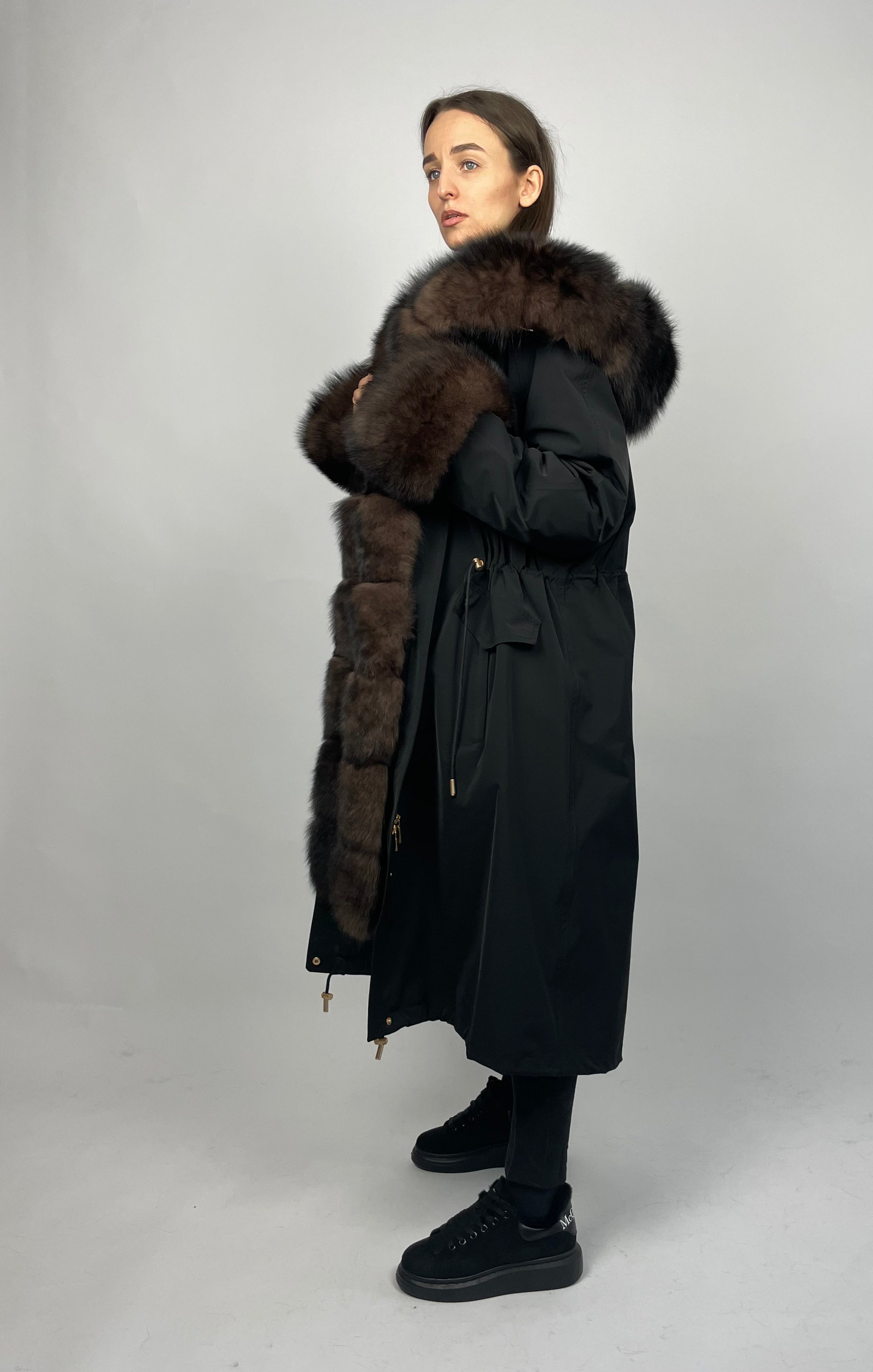 Parka LUX Black (BF99) with Brown fur (M3) / Rex for women 103 cm
