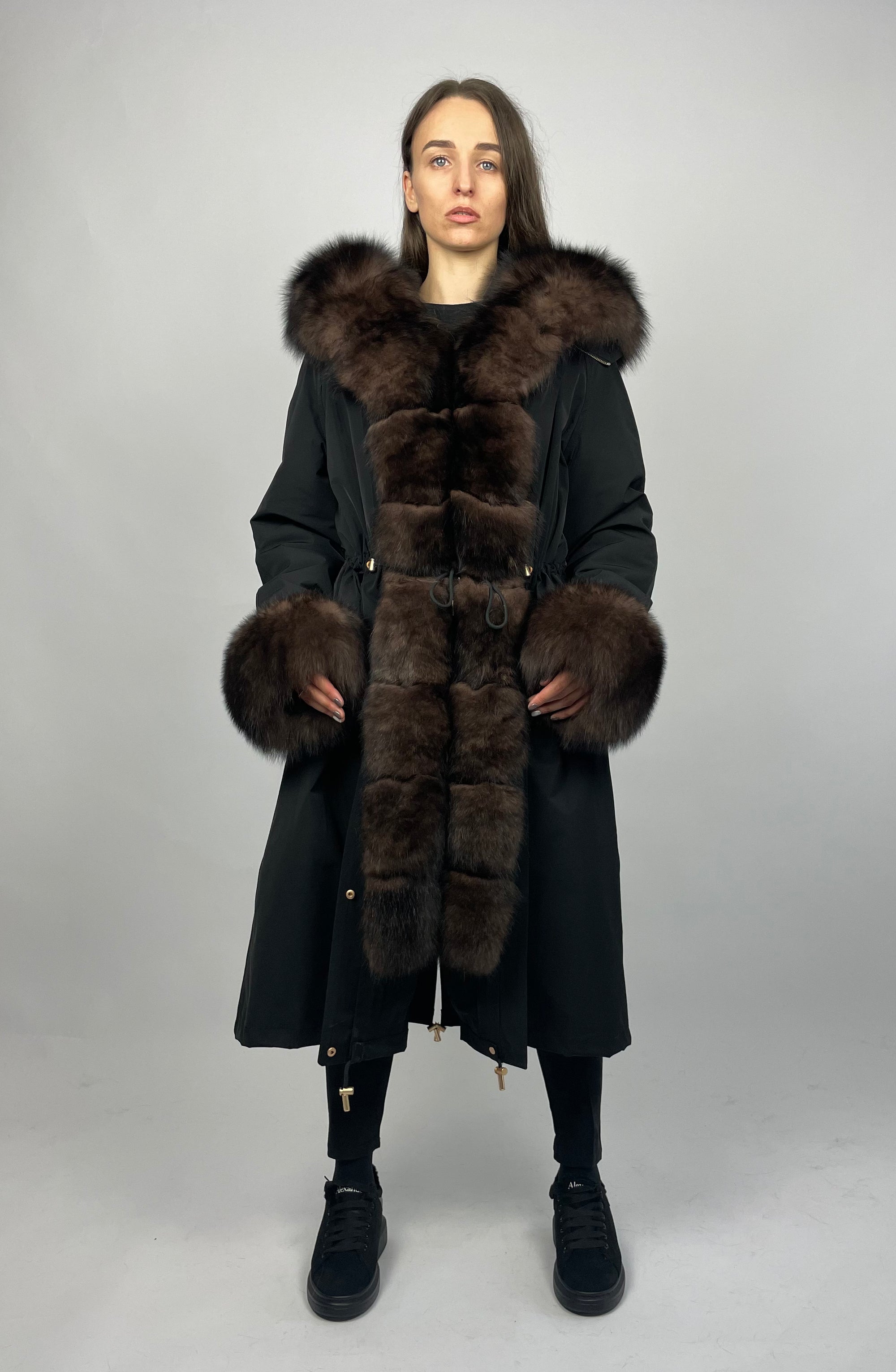 Parka LUX Black (BF99) with Brown fur (M3) / Rex for women 103 cm