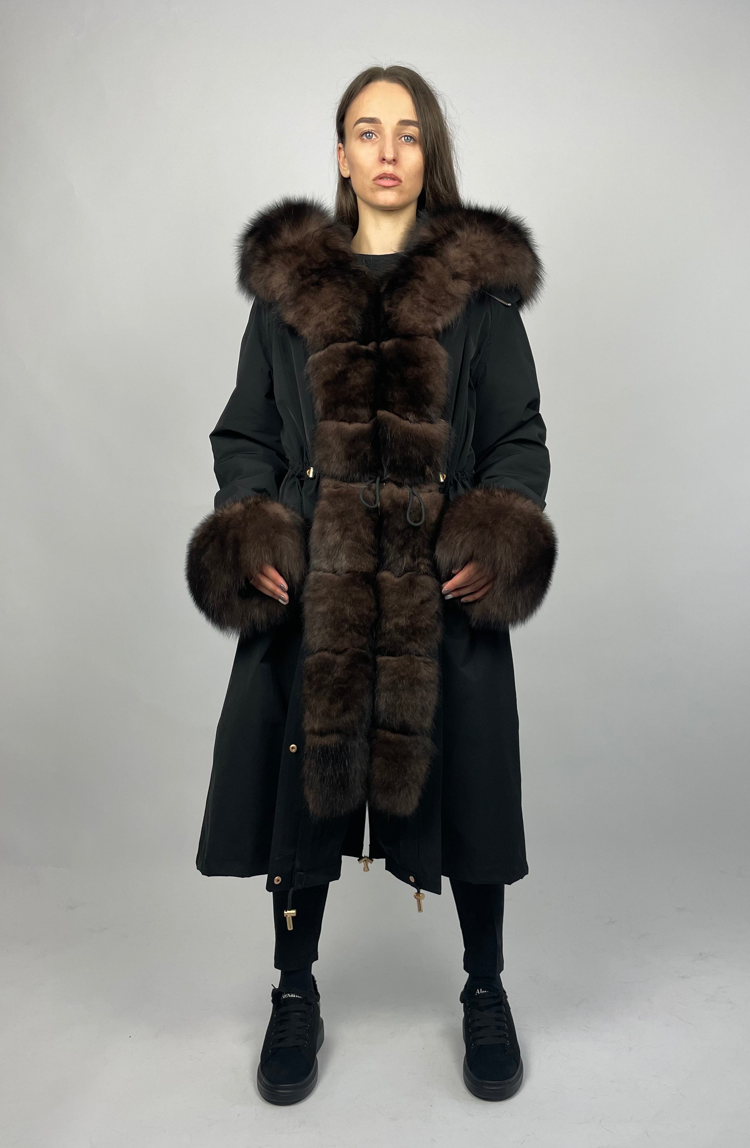 Parka LUX Black (BF99) with Brown fur (M3) / Rex for women 103 cm