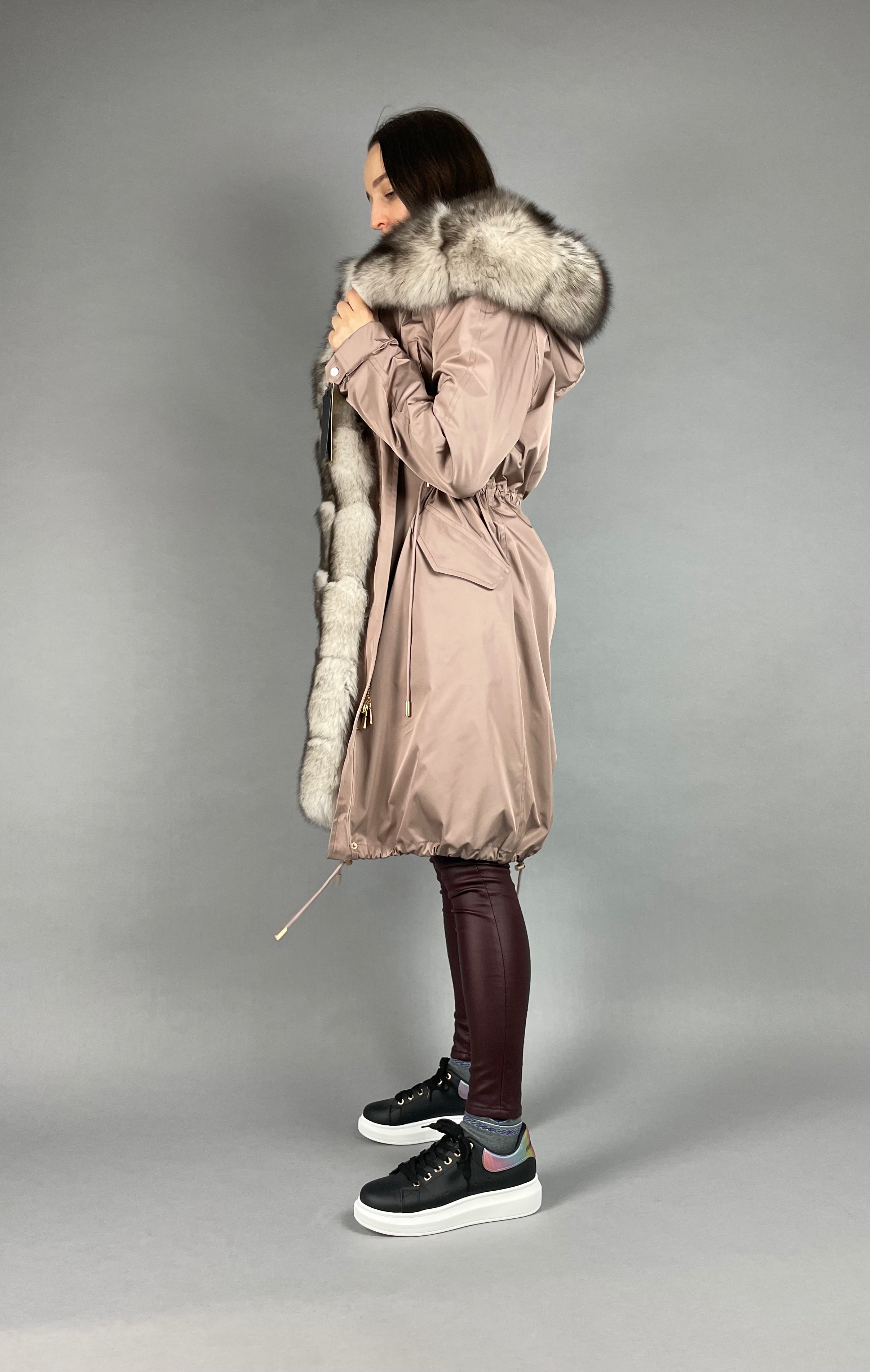 PARKA LUX Pudra color (225) with White-black fox fur (M16) / Rex for women 103 cm