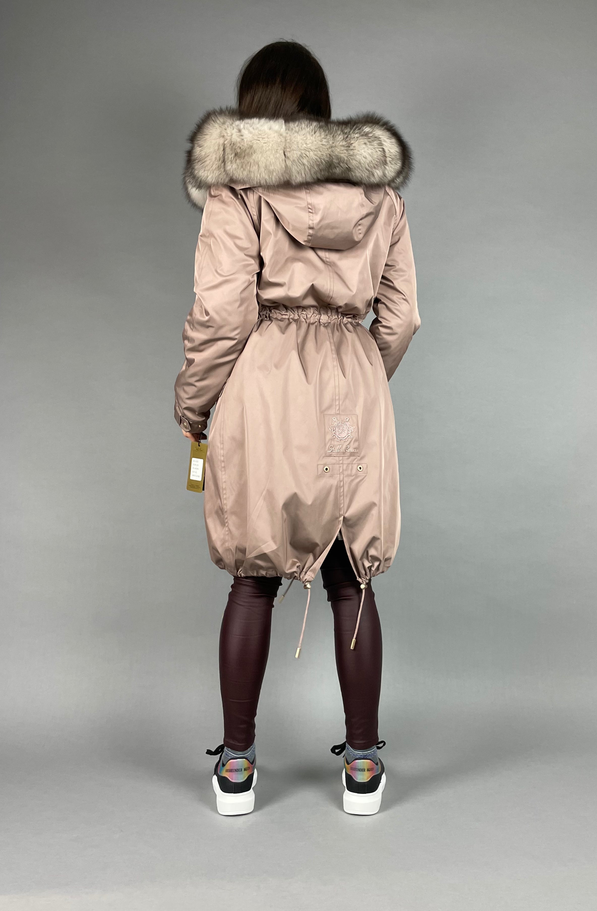 PARKA LUX Pudra color (225) with White-black fox fur (M16) / Rex for women 103 cm