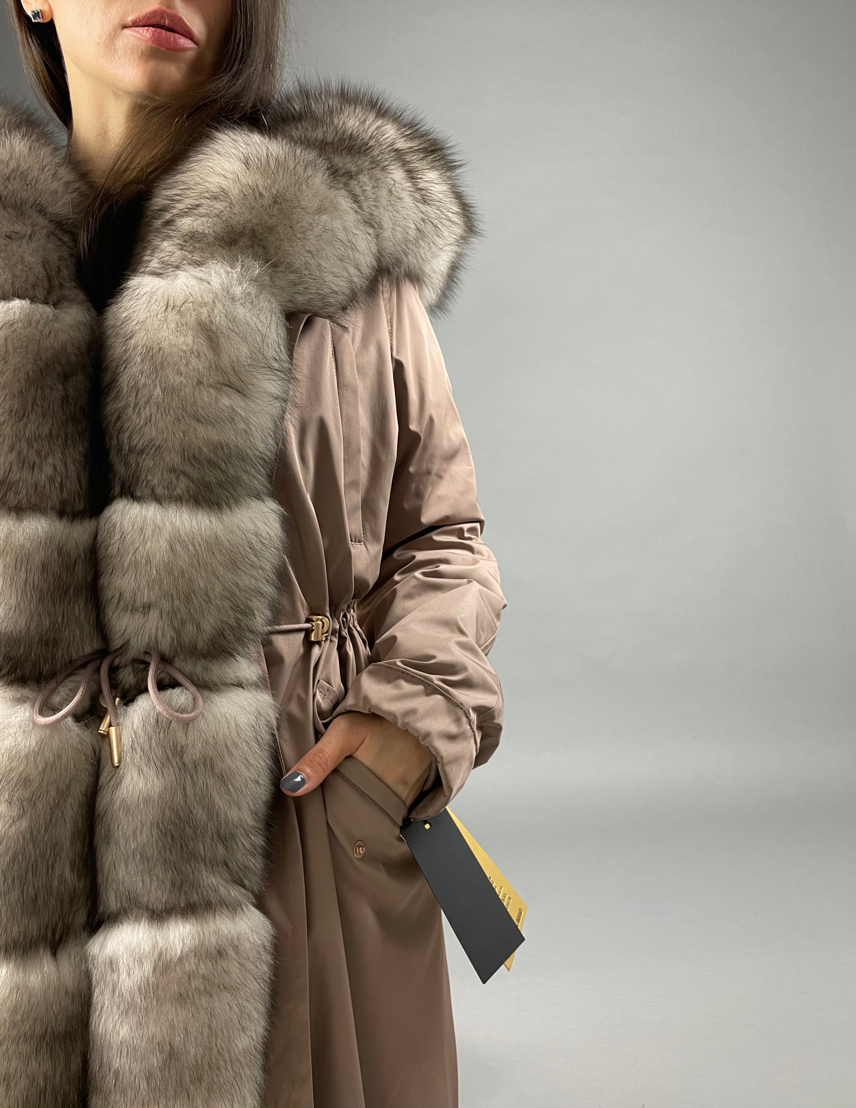 PARKA LUX Pudra color (225) with White-black fox fur (M16) / Rex for women 103 cm
