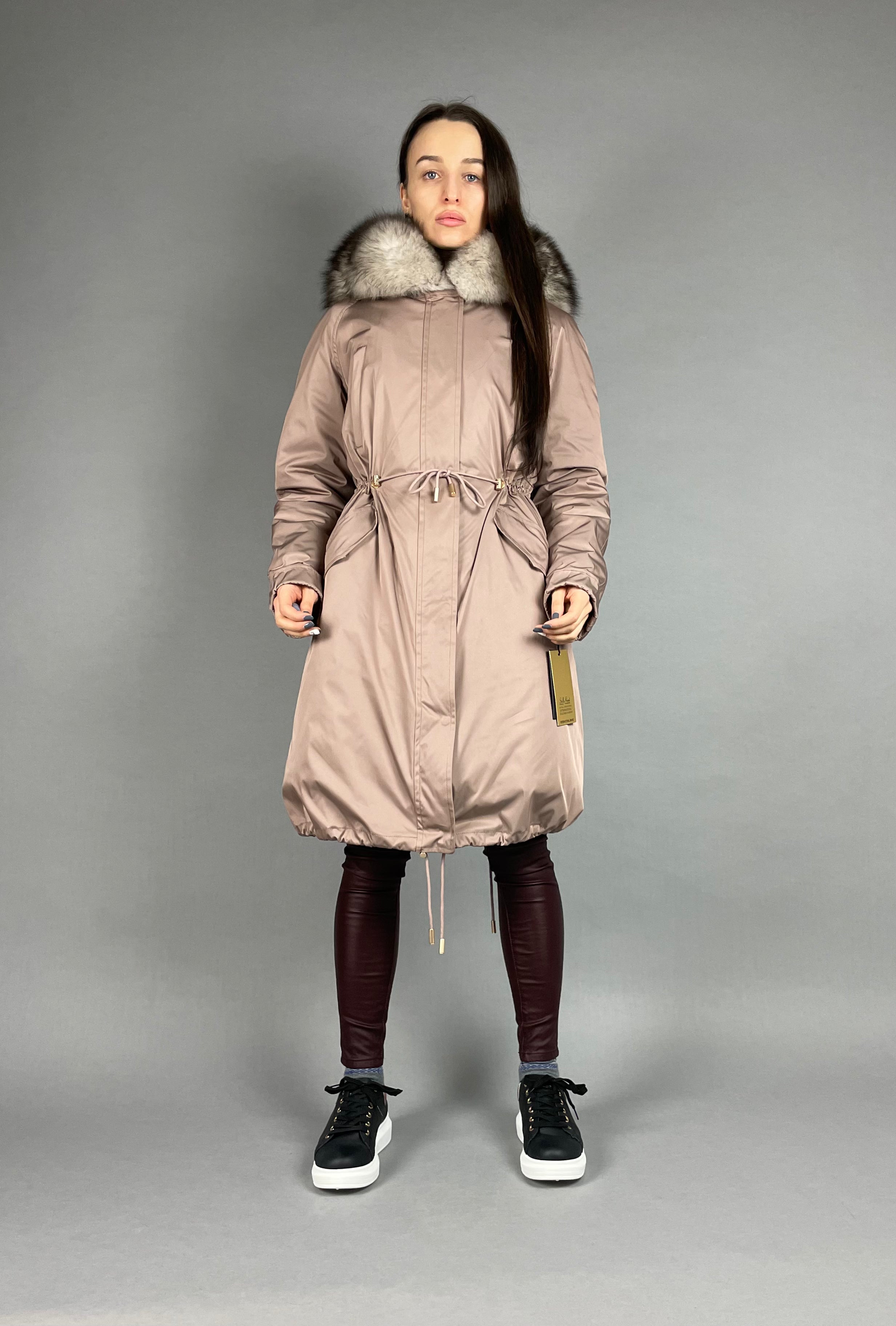 PARKA LUX Pudra color (225) with White-black fox fur (M16) / Rex for women 103 cm