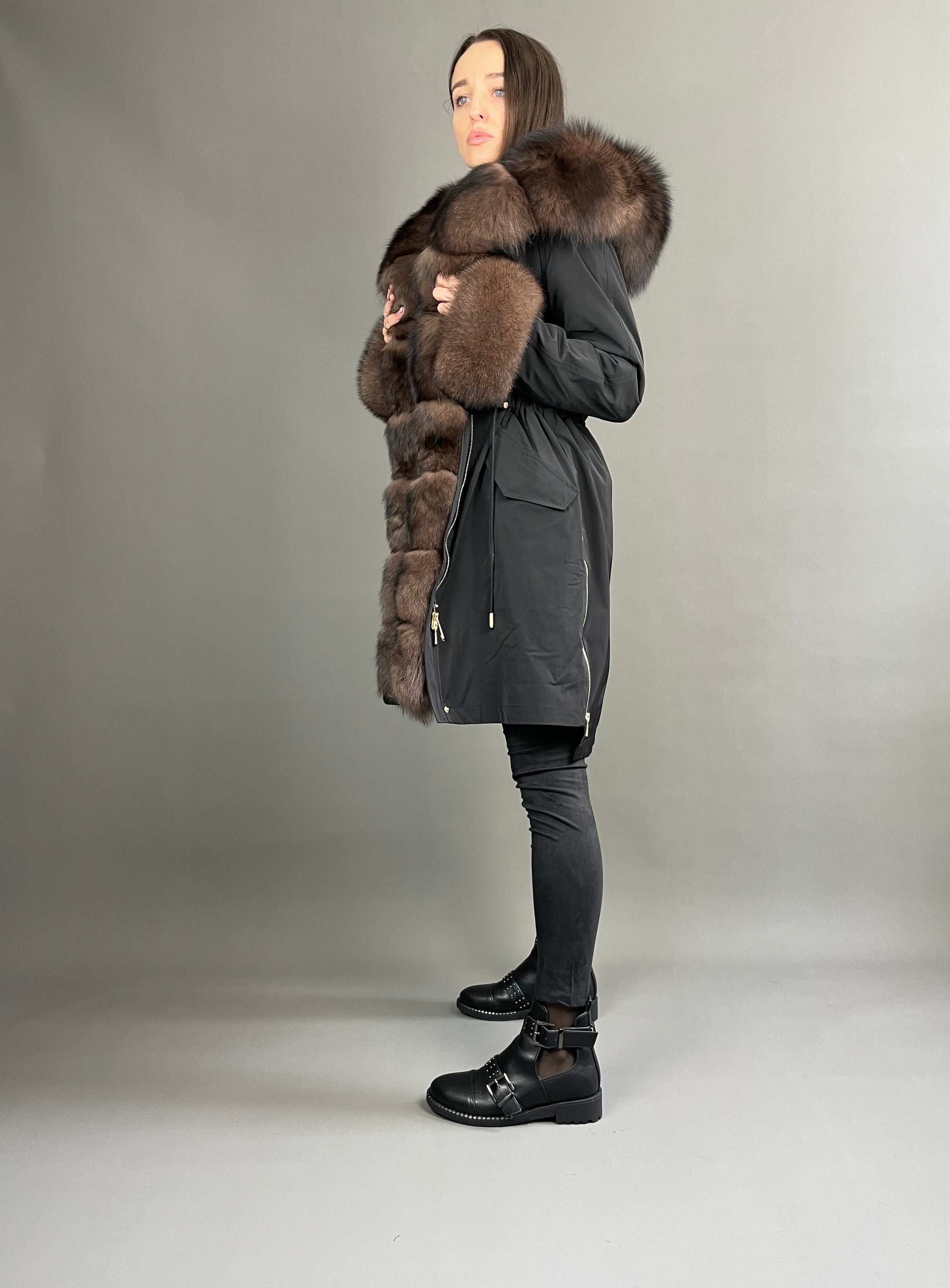 Parka LUX Black (BF99) ar brūnu kažokādu (M3) / Rex sievietēm 95 cm