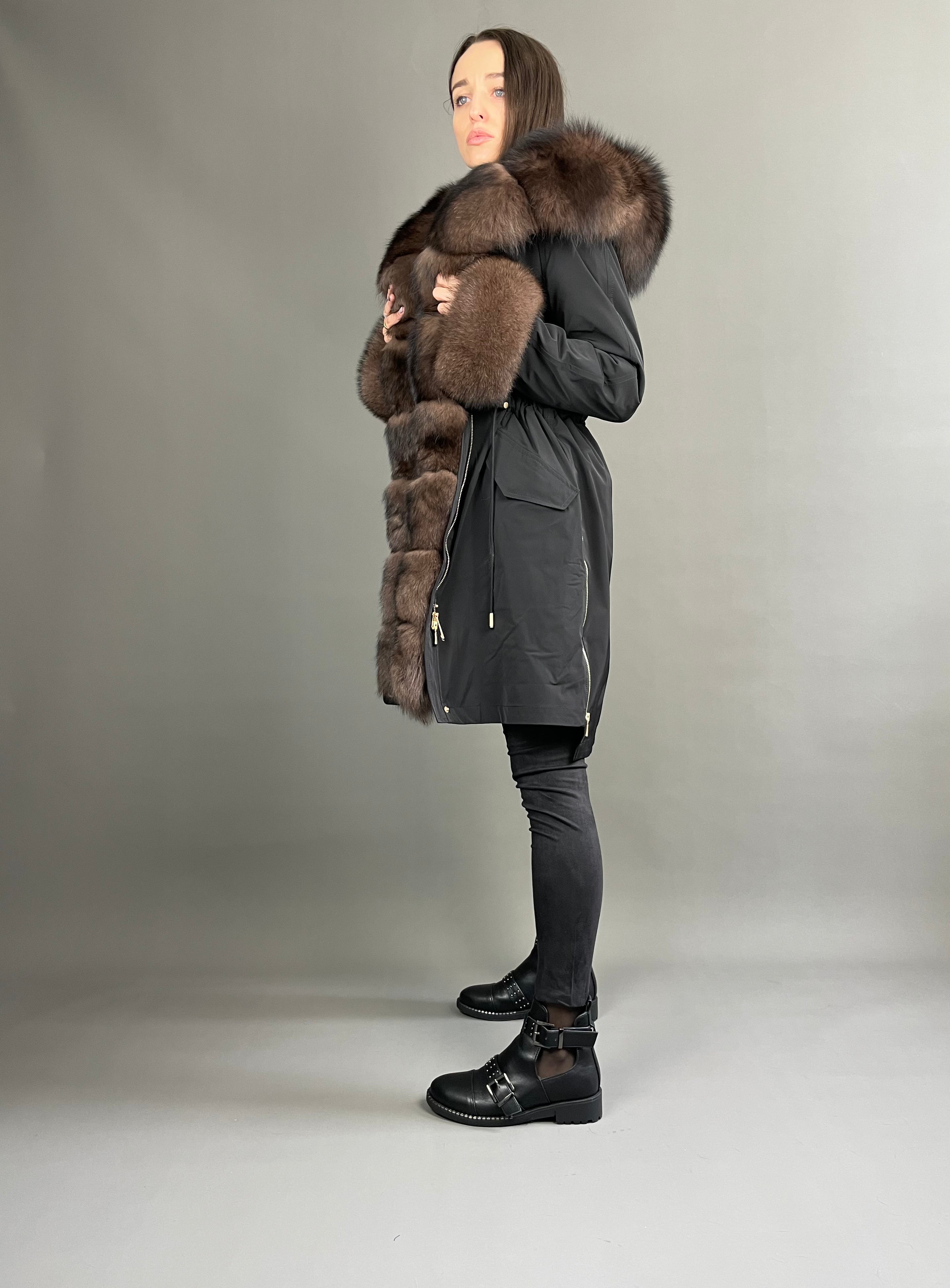 Parka LUX Black (BF99) with Brown fur (M3) / Rex for women 95 cm