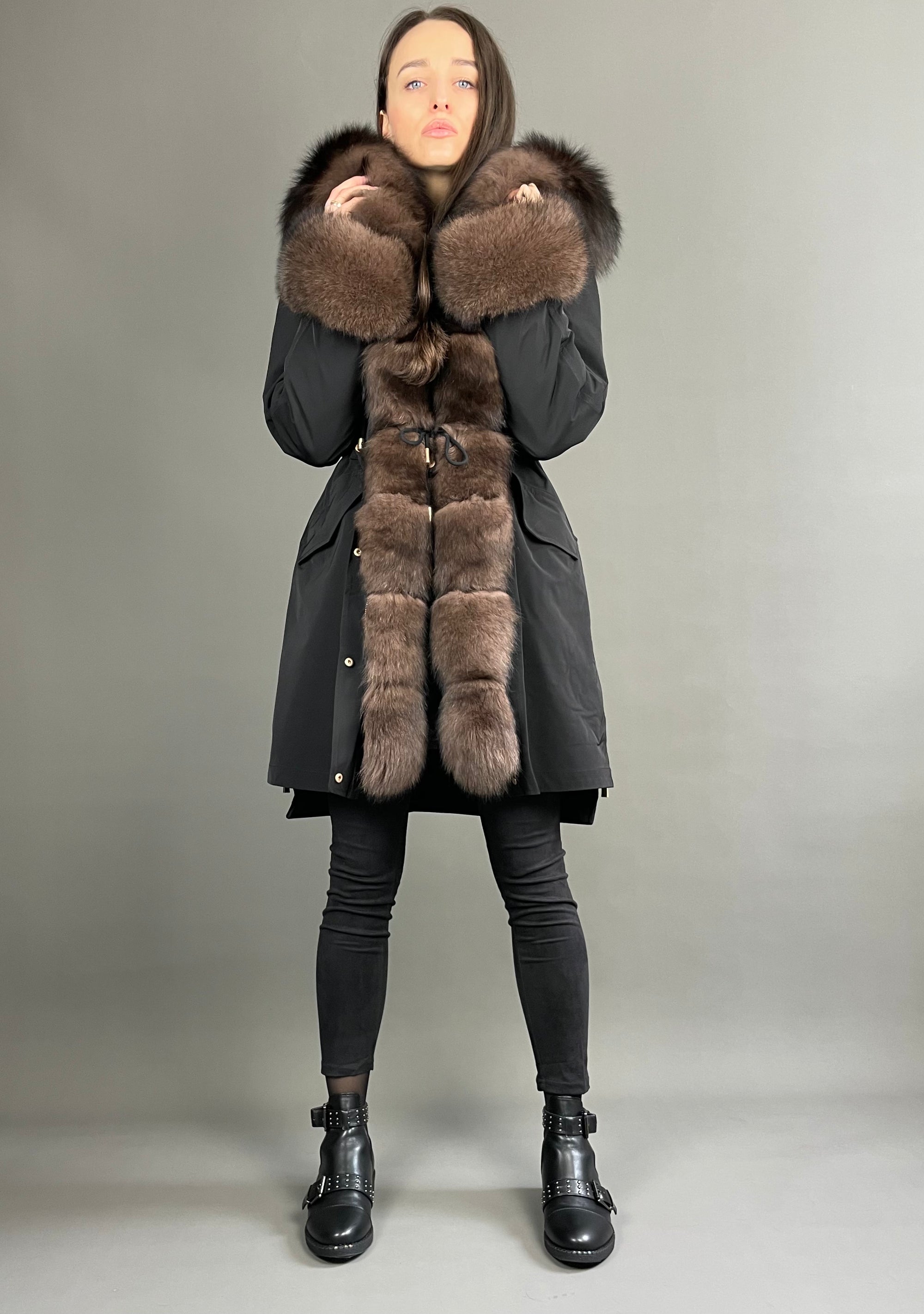 Parka LUX Black (BF99) ar brūnu kažokādu (M3) / Rex sievietēm 95 cm