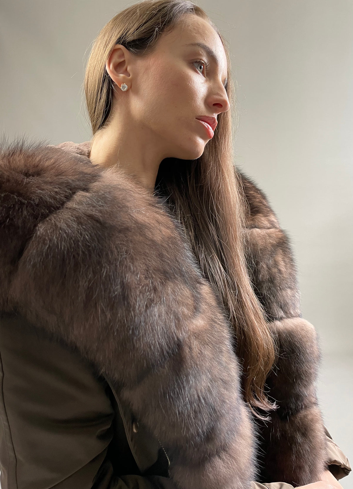 Parka LUX Brown with Brown Artic fur and lining with Rex rabbit fur for women 103 cm