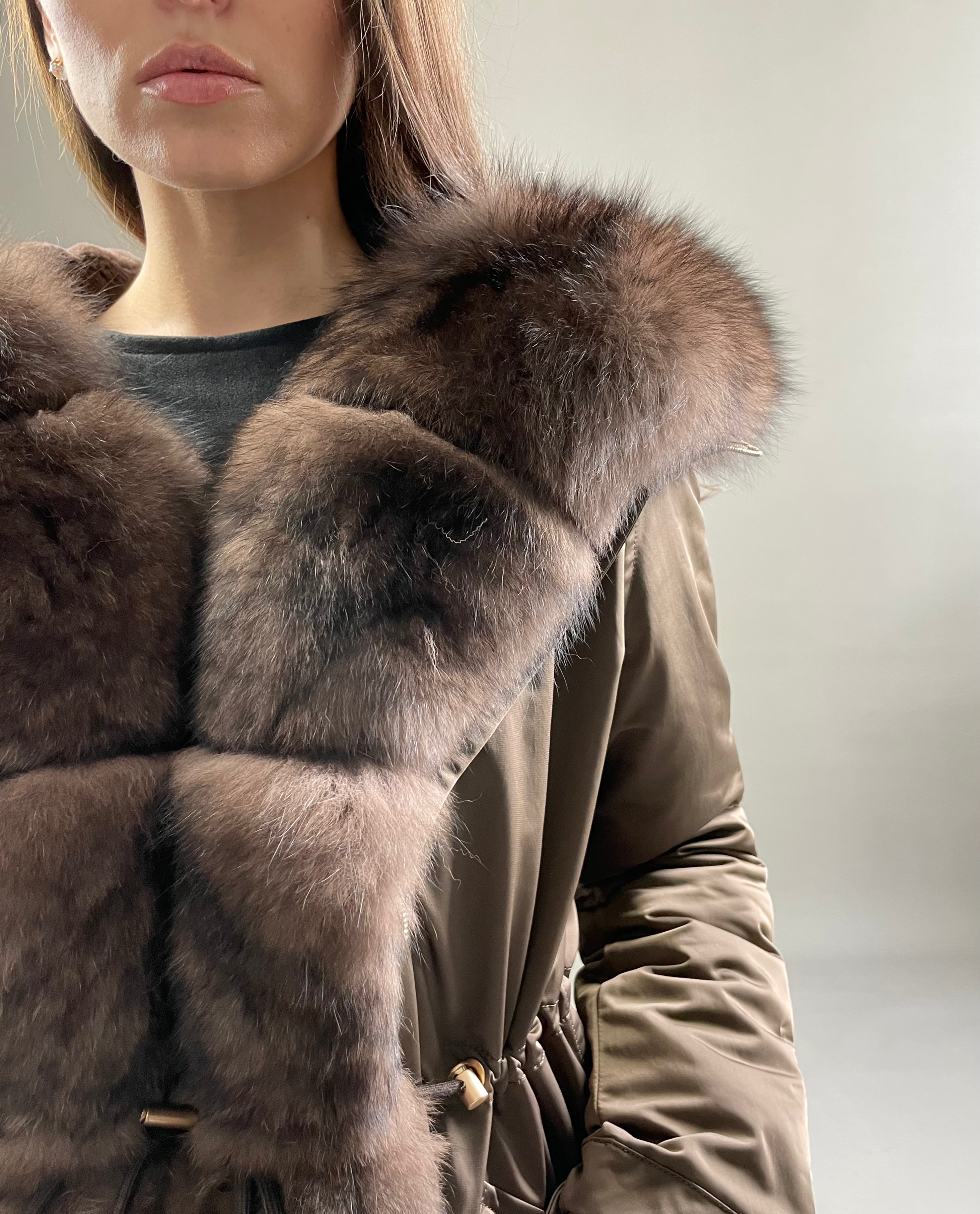 Parka LUX Brown with Brown Artic fur and lining with Rex rabbit fur for women 103 cm