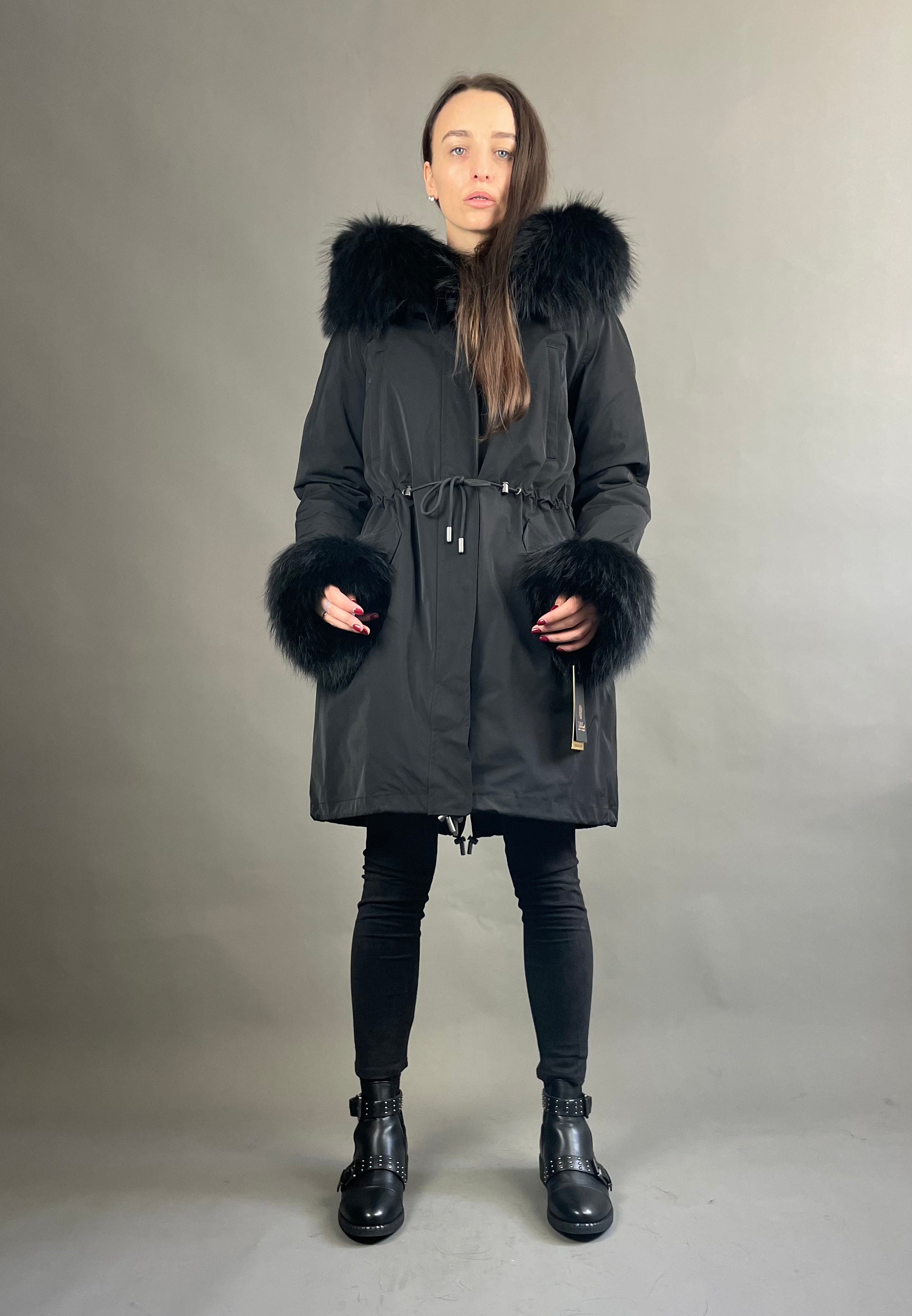 Parka LUX Black (BF99) / Black Raccoon fur (M22) / Rex for women 95 cm