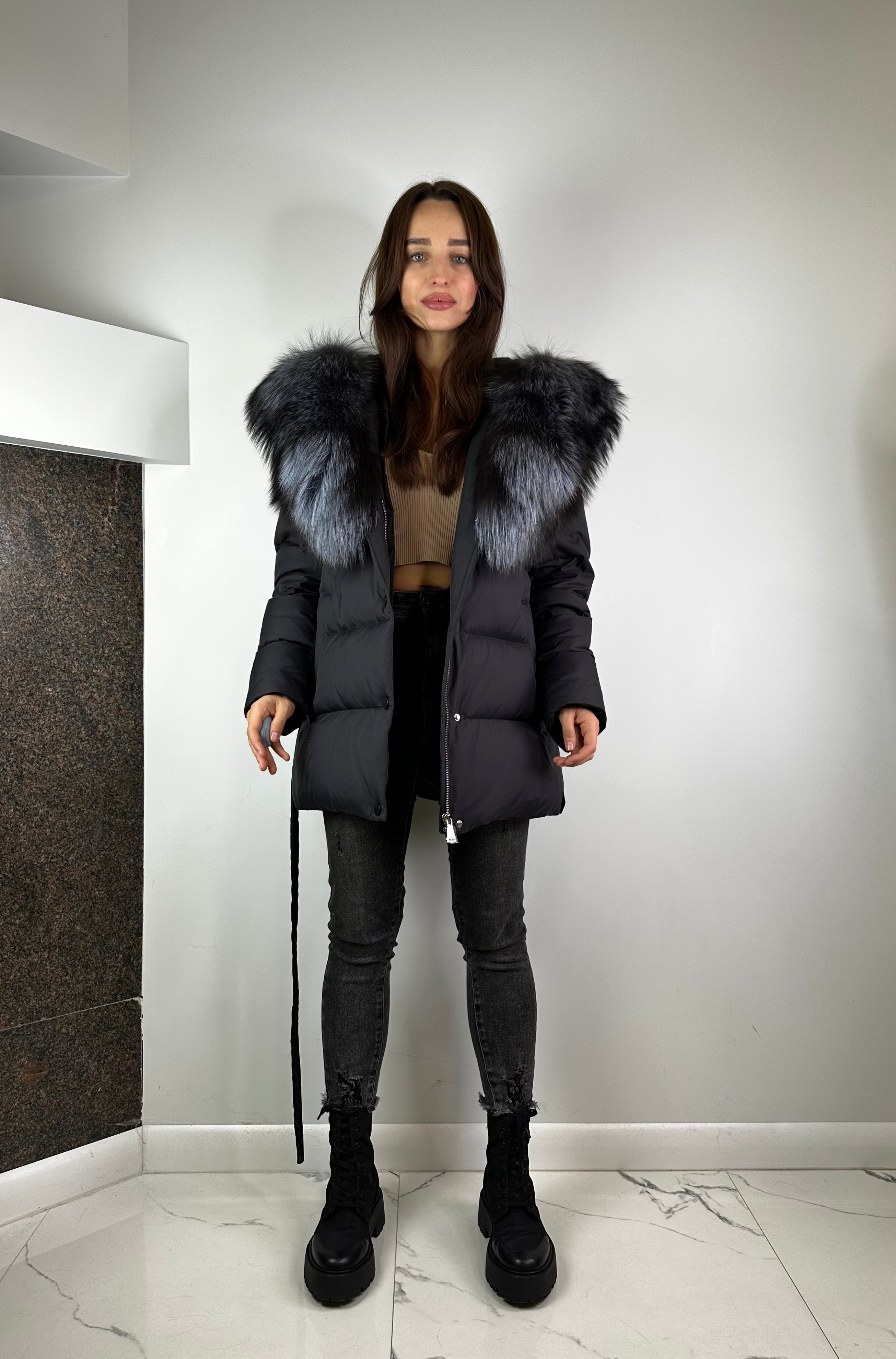Black Down Jacket with silver fox fur Baltic for women 75 cm