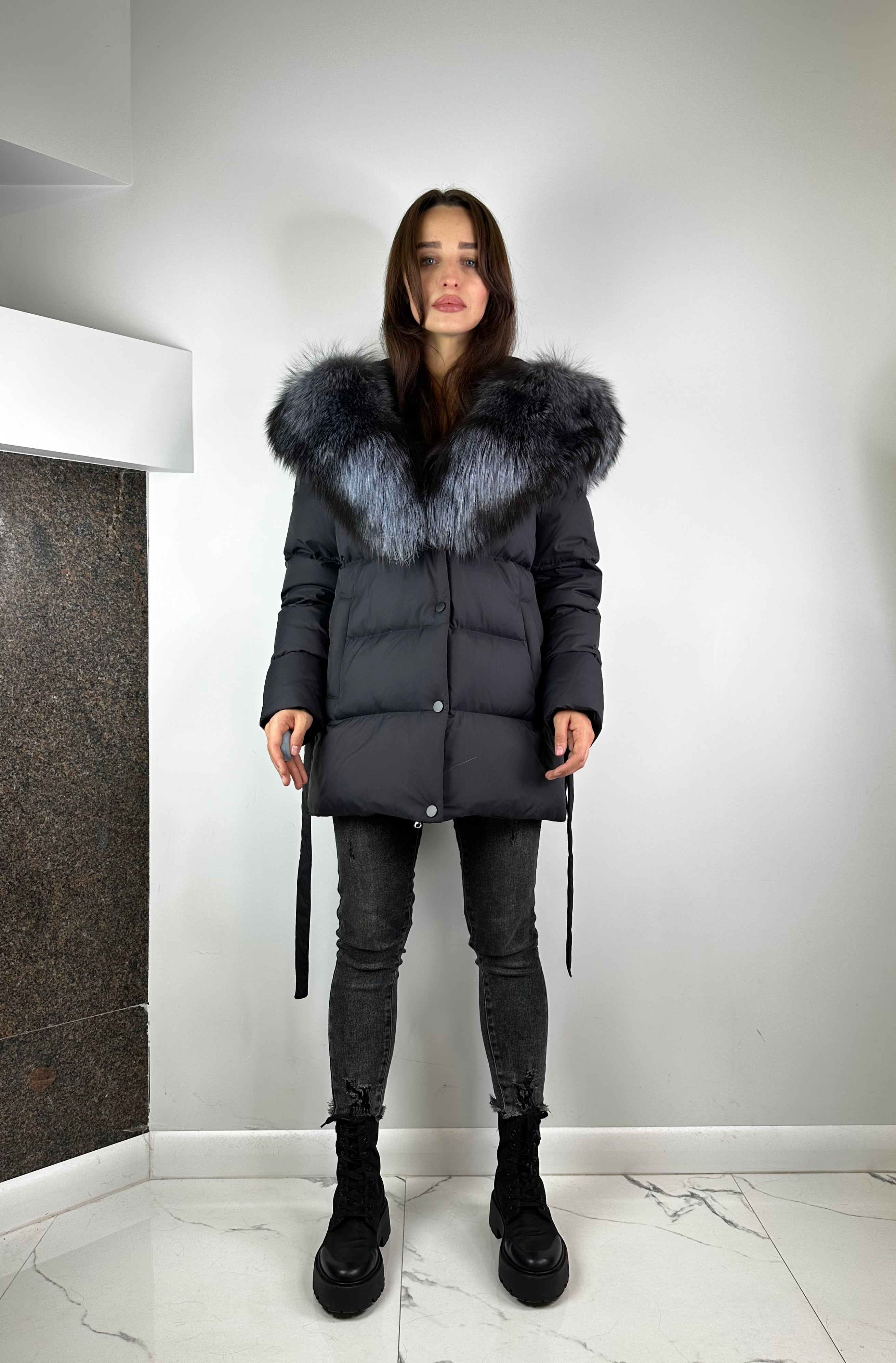 Black Down Jacket with silver fox fur Baltic for women 75 cm