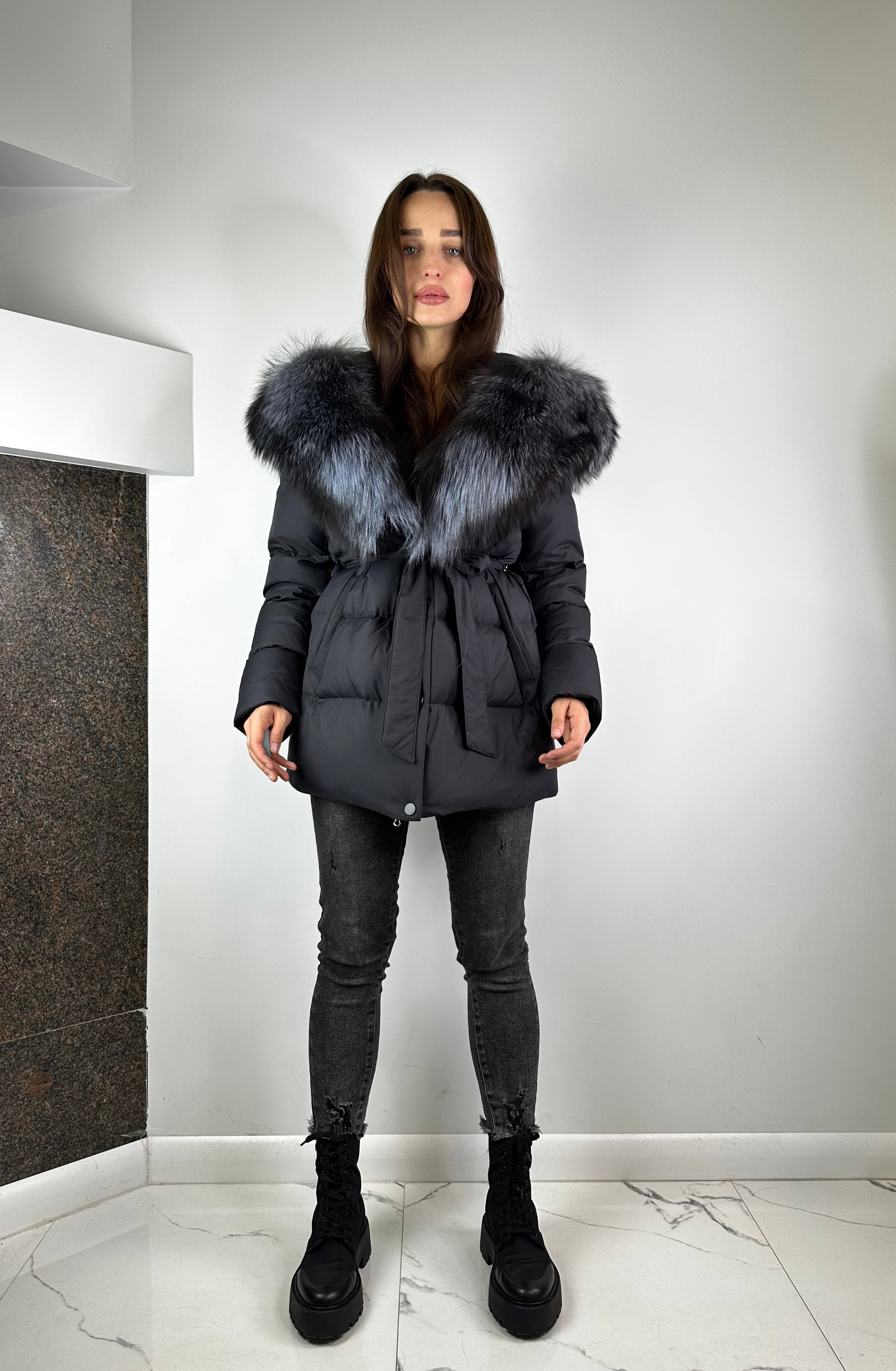 Black Down Jacket with silver fox fur Baltic for women 75 cm