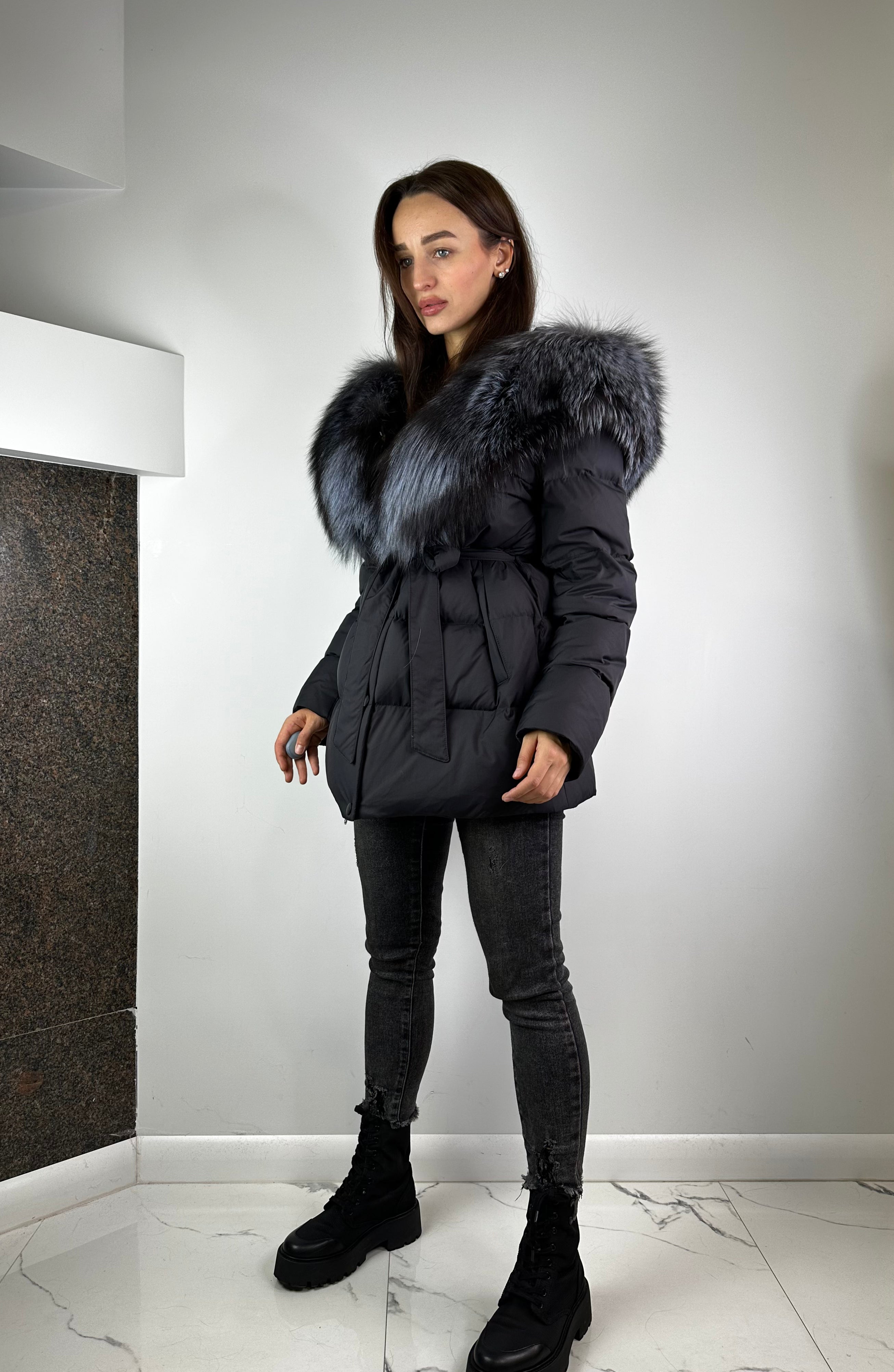 Black Down Jacket with silver fox fur Baltic for women 75 cm