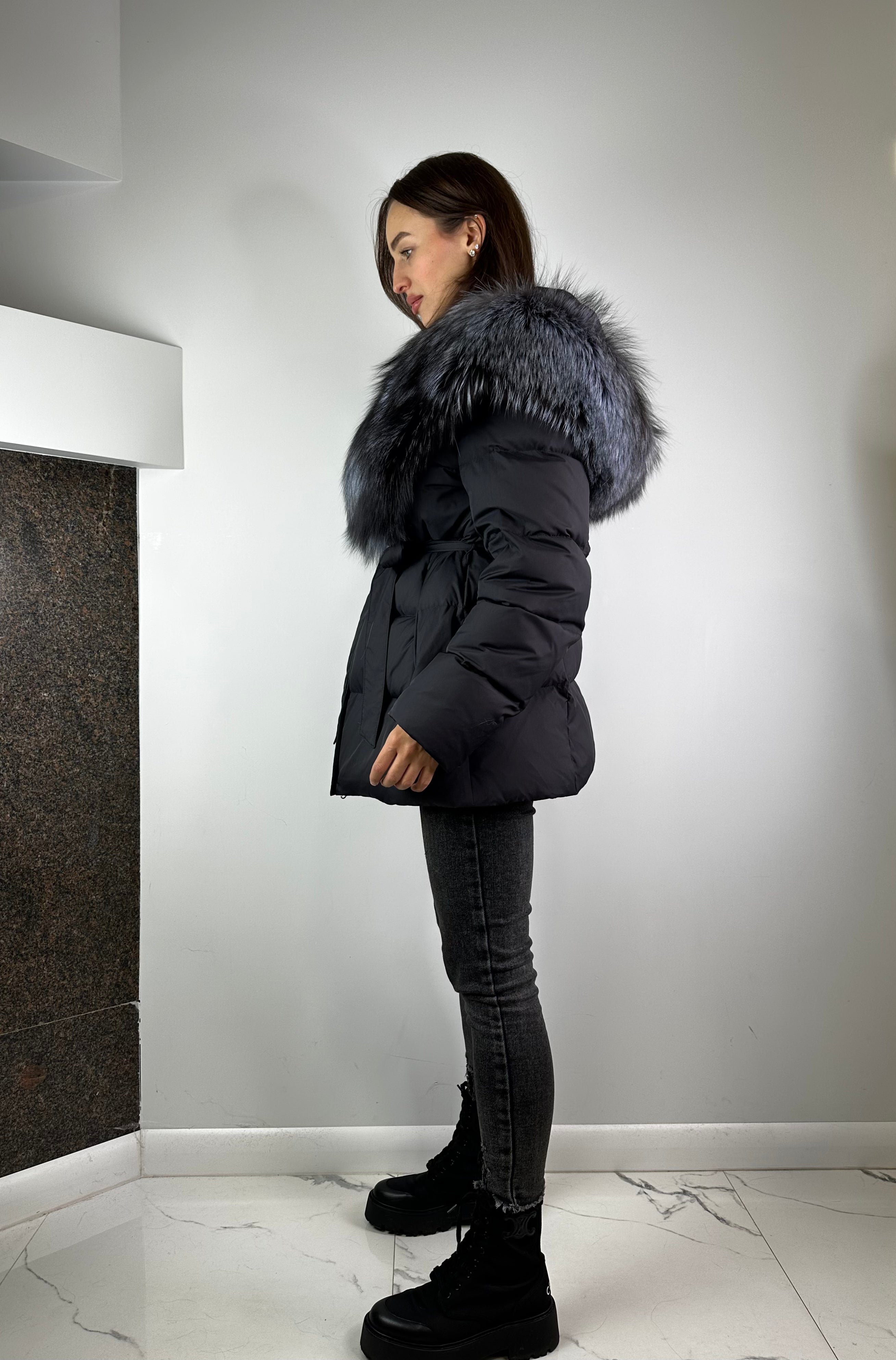 Black Down Jacket with silver fox fur Baltic for women 75 cm
