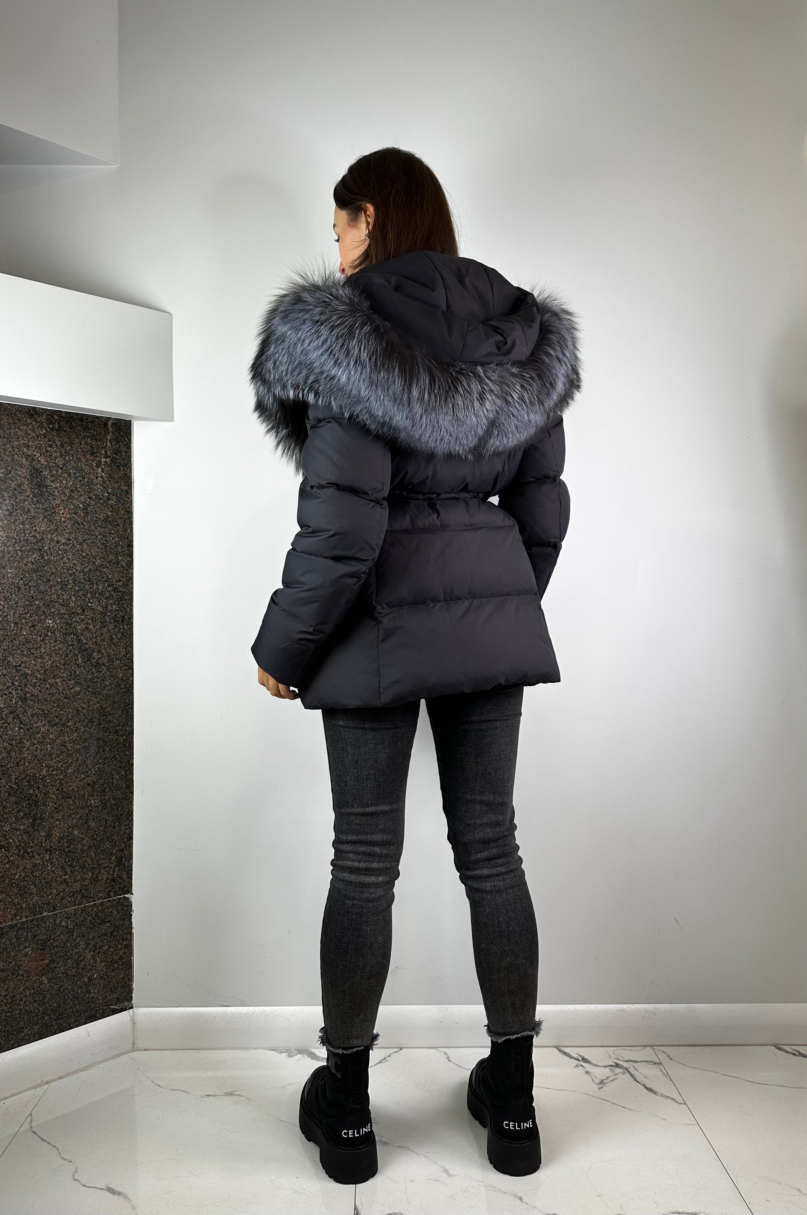Black Down Jacket with silver fox fur Baltic for women 75 cm