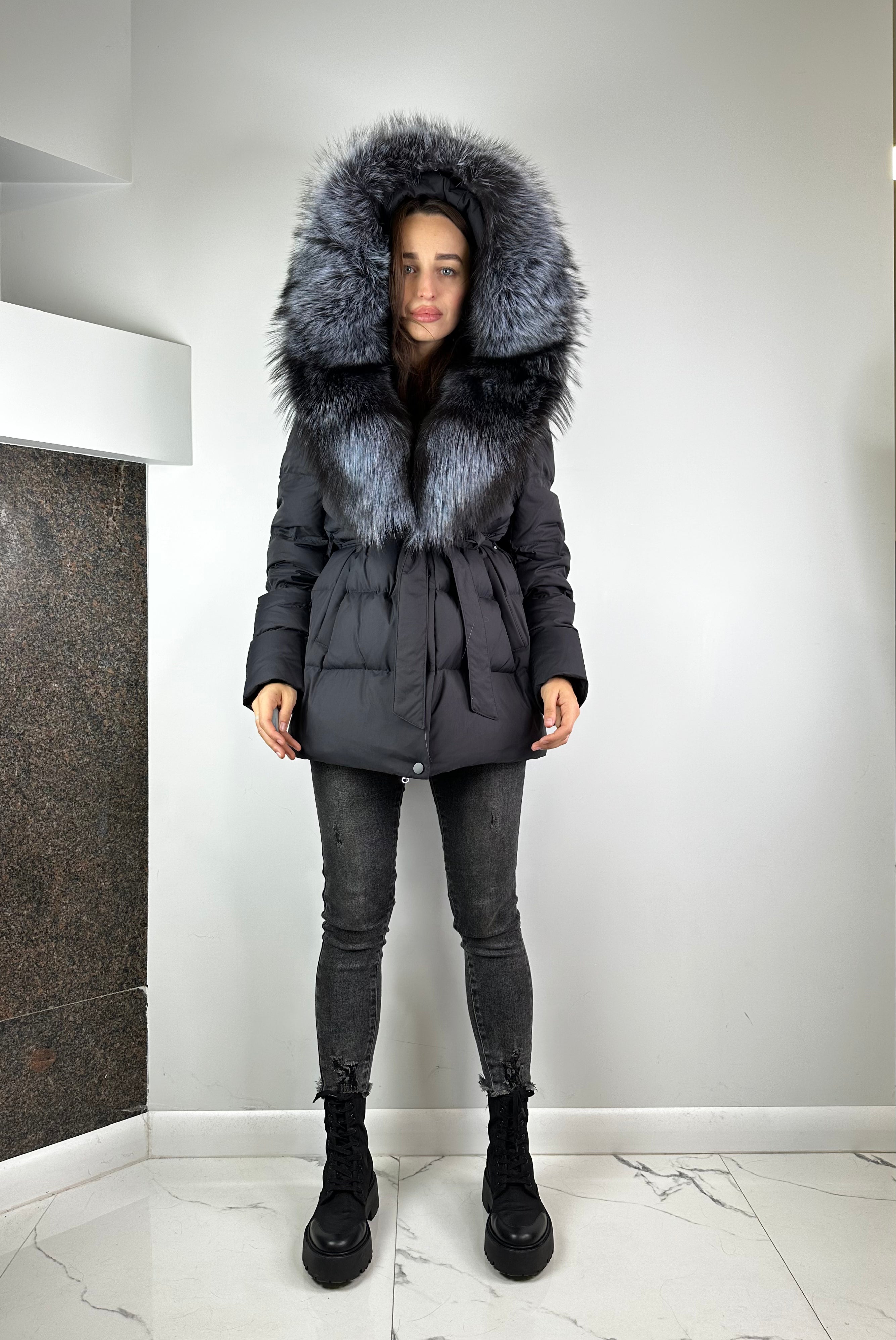 Black Down Jacket with silver fox fur Baltic for women 75 cm