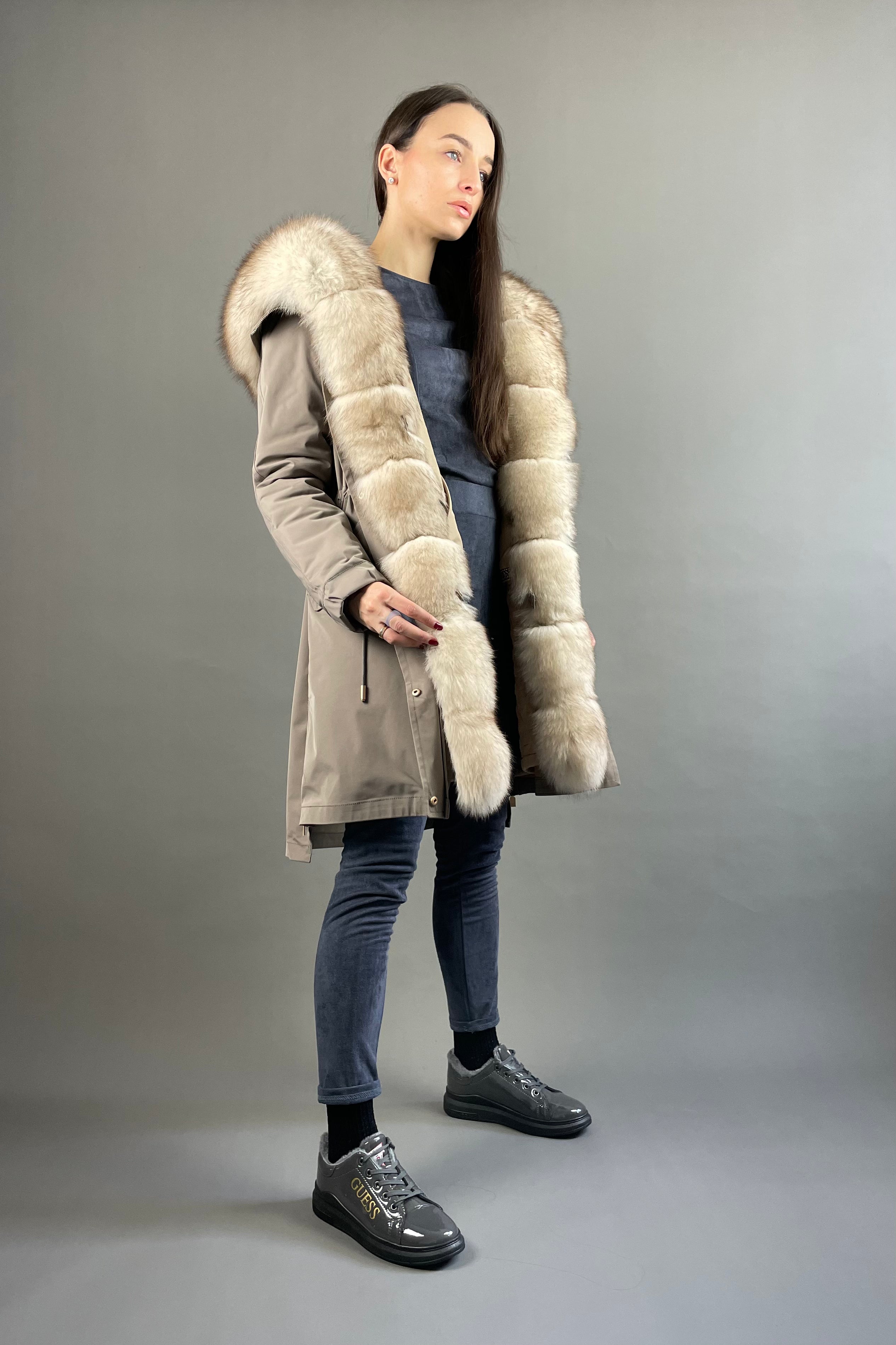 PARKA LUX Cappuccino (12) with White-yellow fur (M66) / Rex for women 95 cm