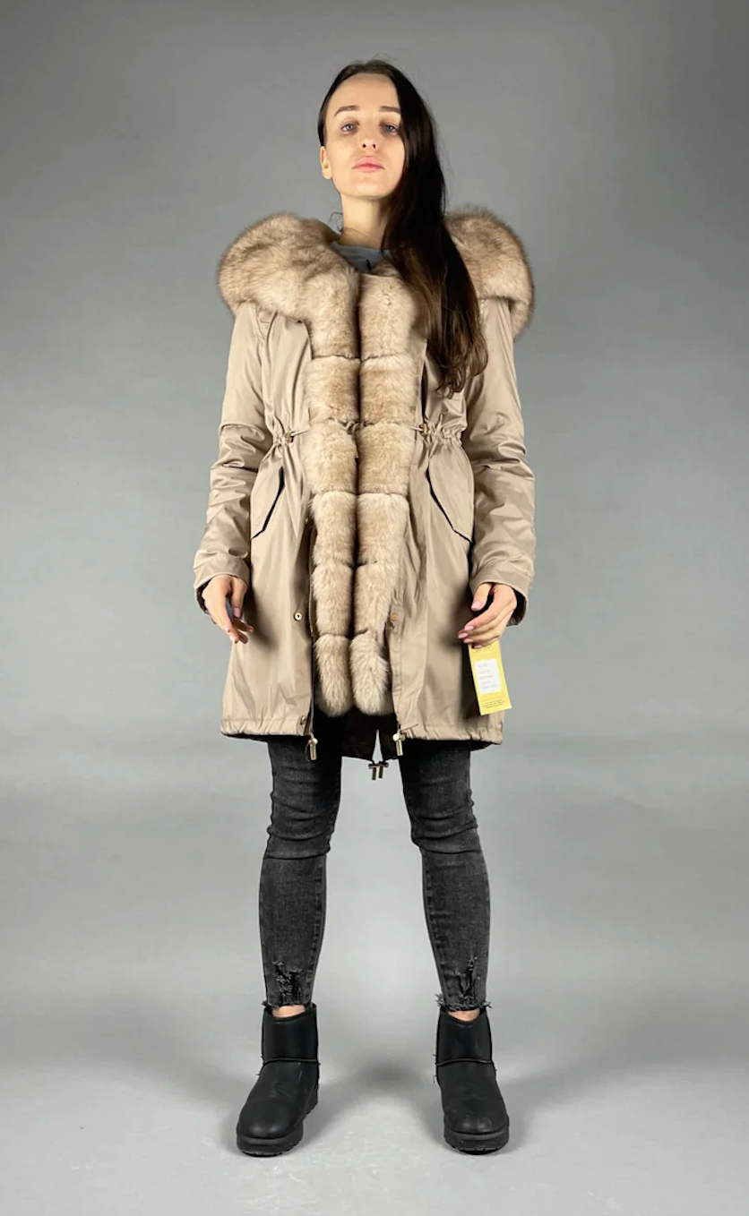 Parka LUX Camel (92) with white-yellow fur (M66) / Rex for women 95 cm