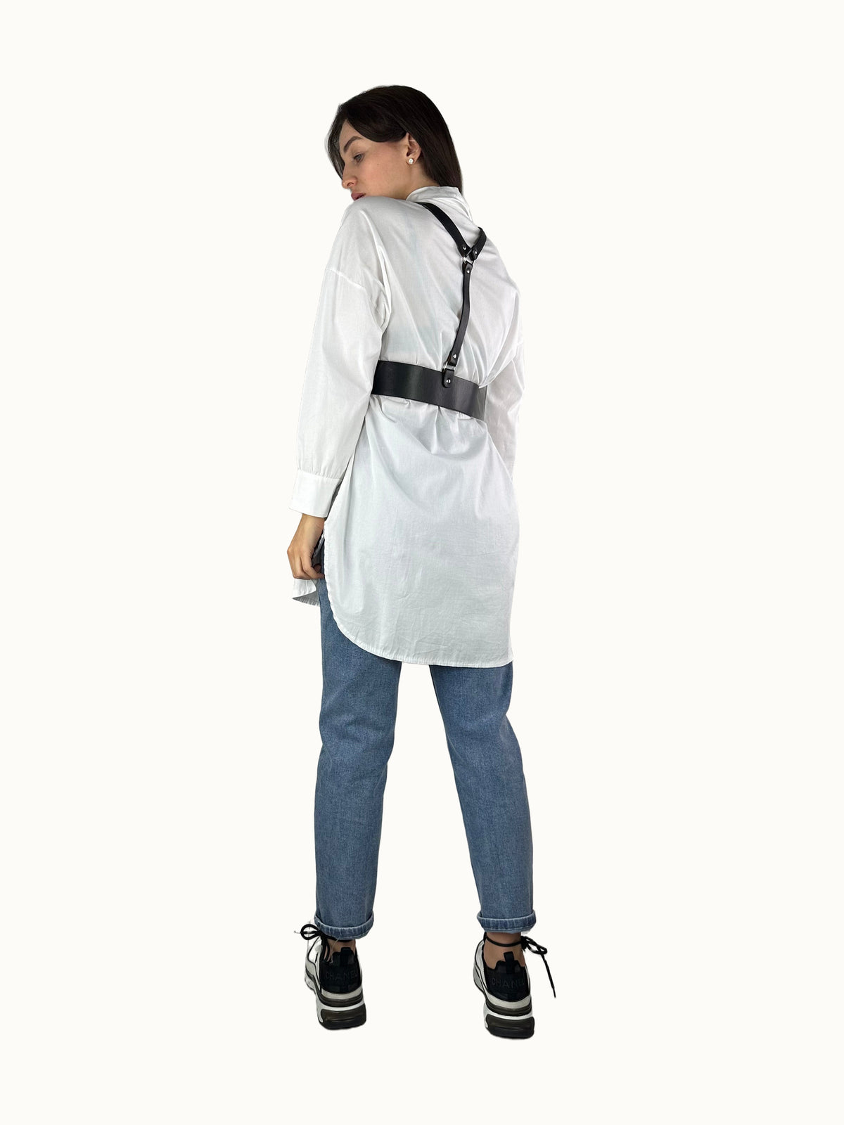 Harnais de dos en cuir noir avec ceinture