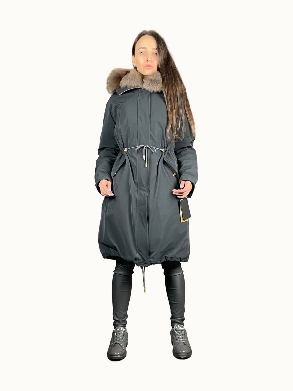 Parka LUX czarna z szarym futrem, 103 cm