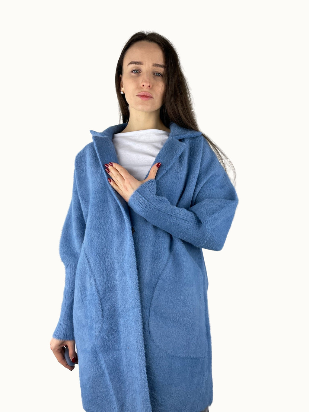 Manteau court en alpaga gris-bleu