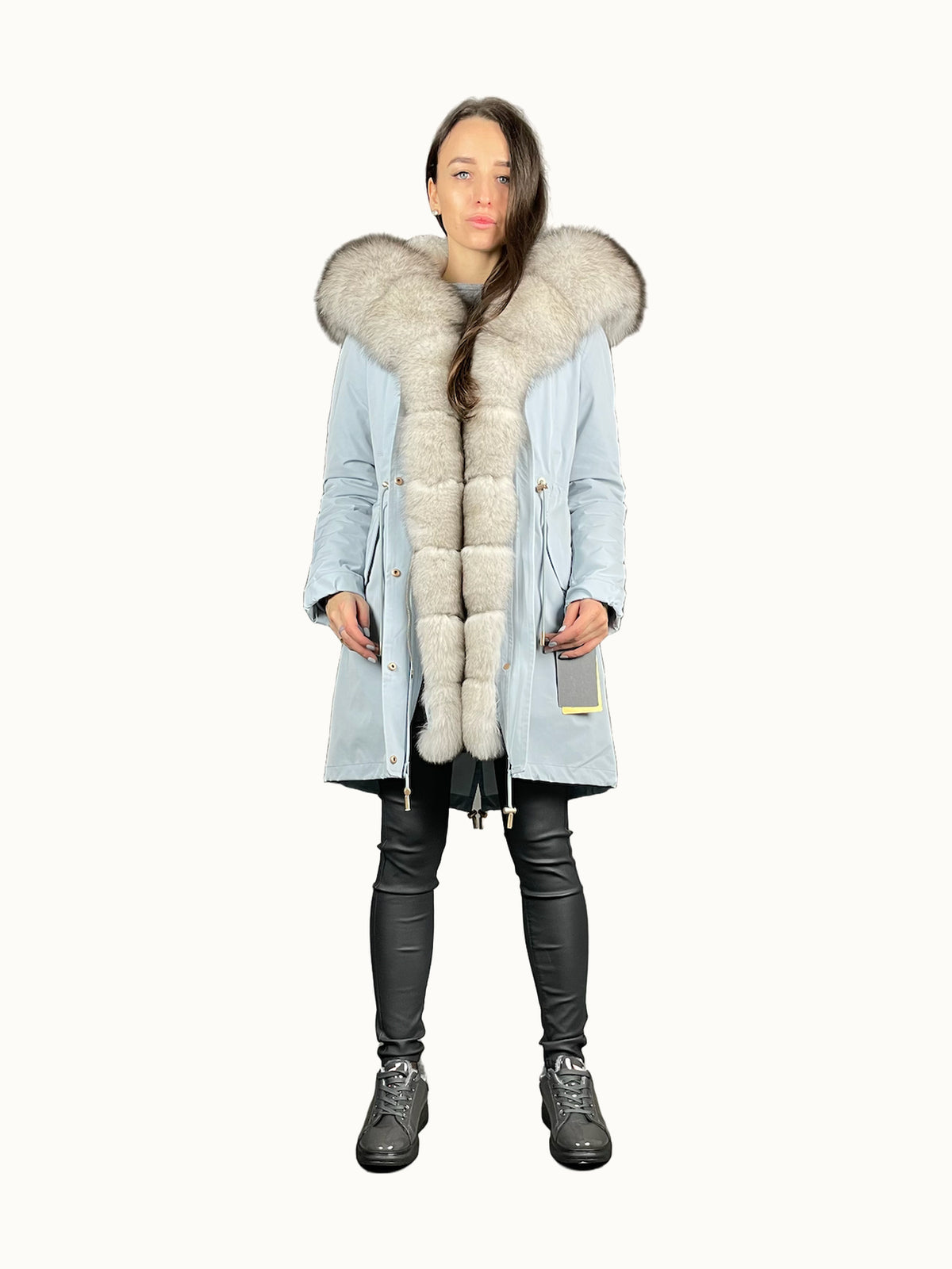 Parka LUX azul com pelo preto e branco, 95 cm