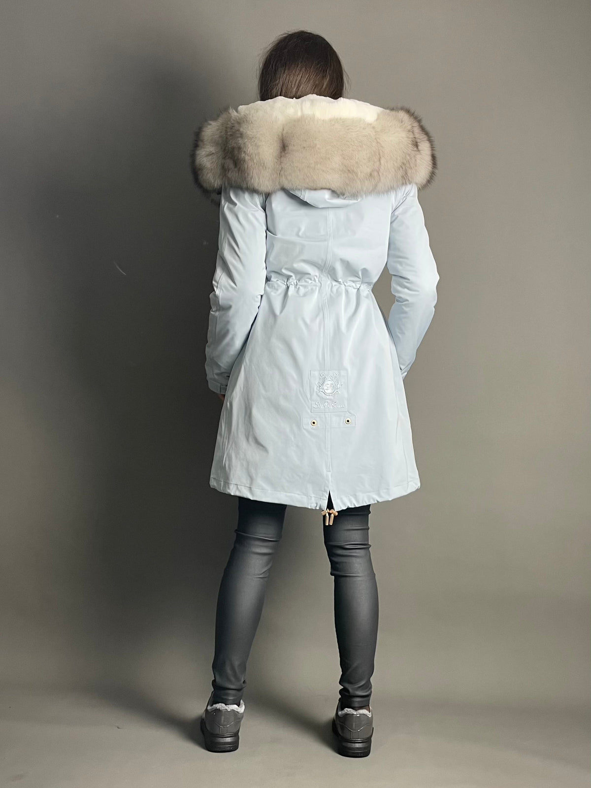Parka LUX azul com pelo preto e branco, 95 cm