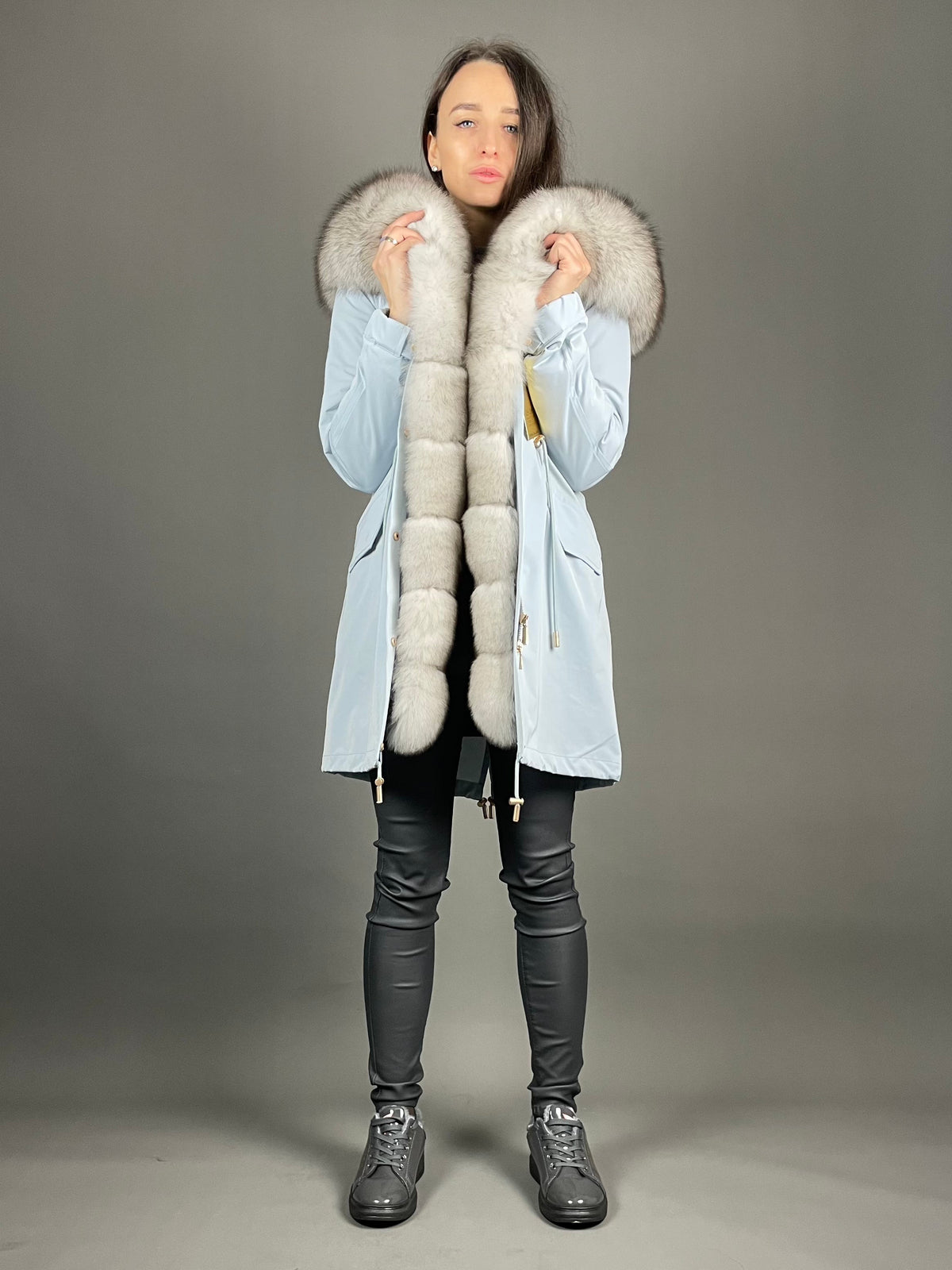 Parka LUX azul com pelo preto e branco, 95 cm