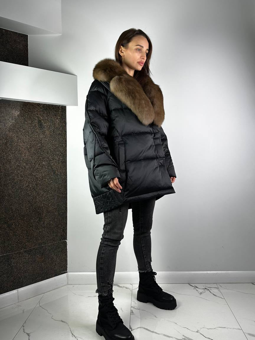 Down Jacket Baltic Lucky Black / Beige Fur 80 cm
