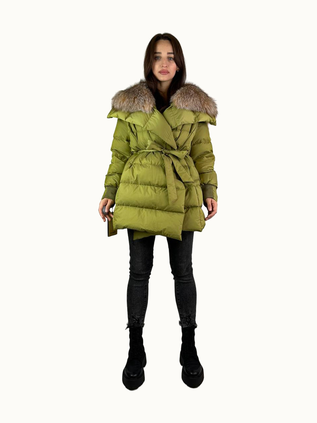 Casaco de penas Baltic verde-azeitona, capuz com pelo bege, 80 cm