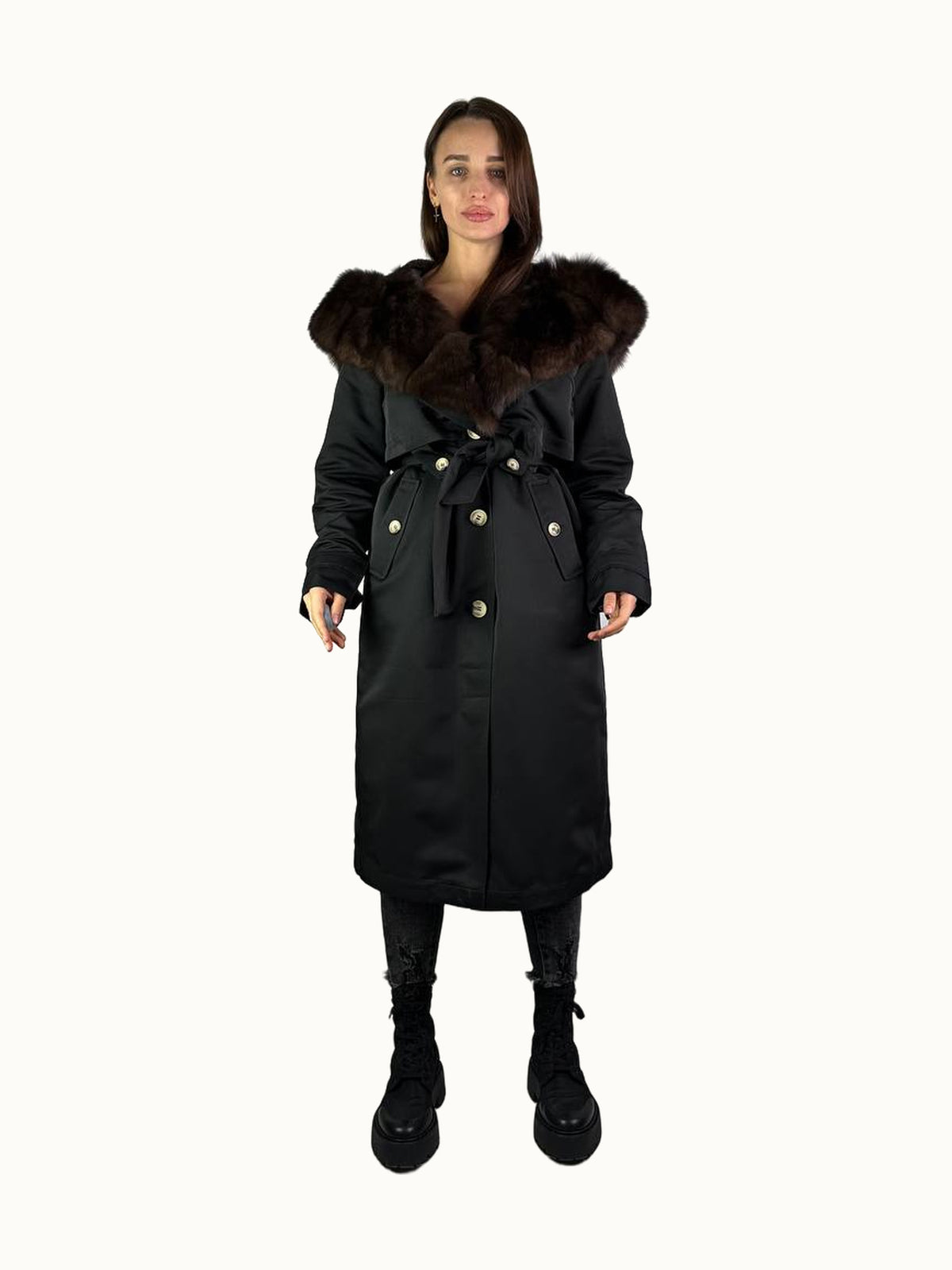 Parka-Trenchcoat Baltic in Schwarz mit braunem Fell, 110 cm
