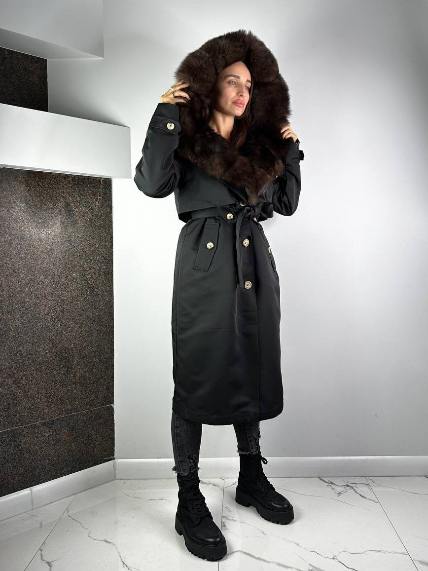 Parka-Trenchcoat Baltic in Schwarz mit braunem Fell, 110 cm