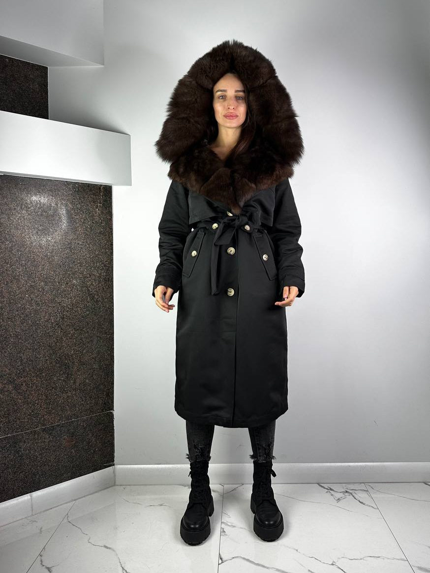 Parka-Trenchcoat Baltic in Schwarz mit braunem Fell, 110 cm