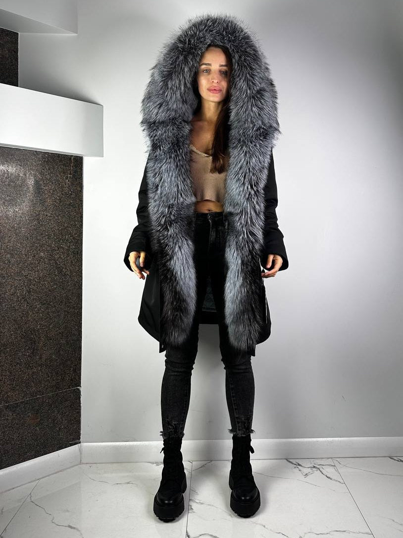 Parka Baltic XM czarna z futrem srebrnego lisa, 90 cm