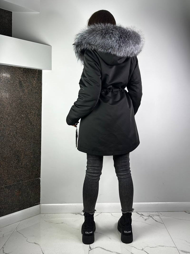 Parka Baltic XM czarna z futrem srebrnego lisa, 90 cm