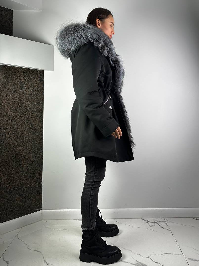 Parka Baltic XM czarna z futrem srebrnego lisa, 90 cm